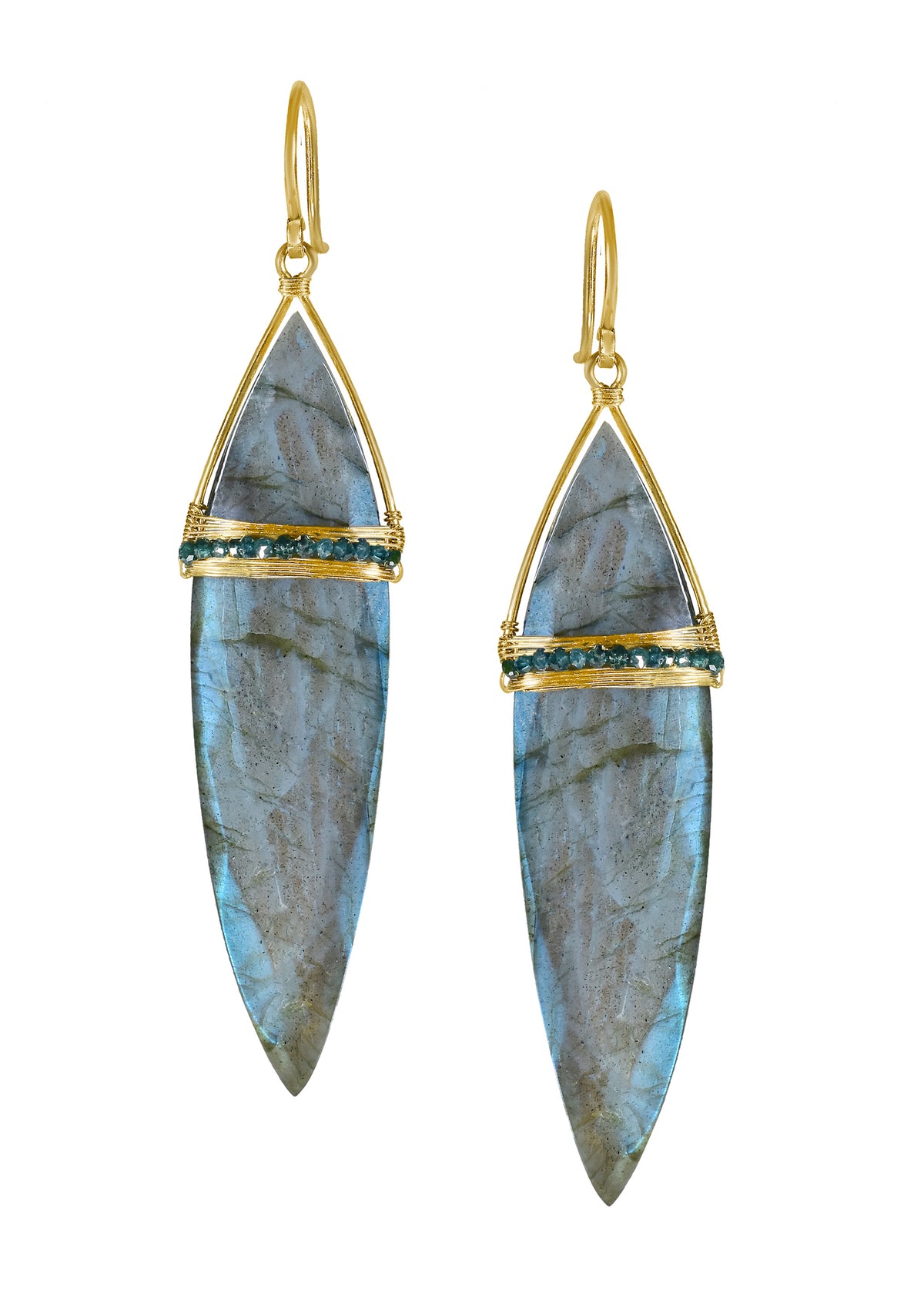 Labradorite 14k gold Earrings measure 2-5/8&quot; in length (including the ear wires) and 5/8&quot; in width at the widest point Handmade in our Los Angeles studio