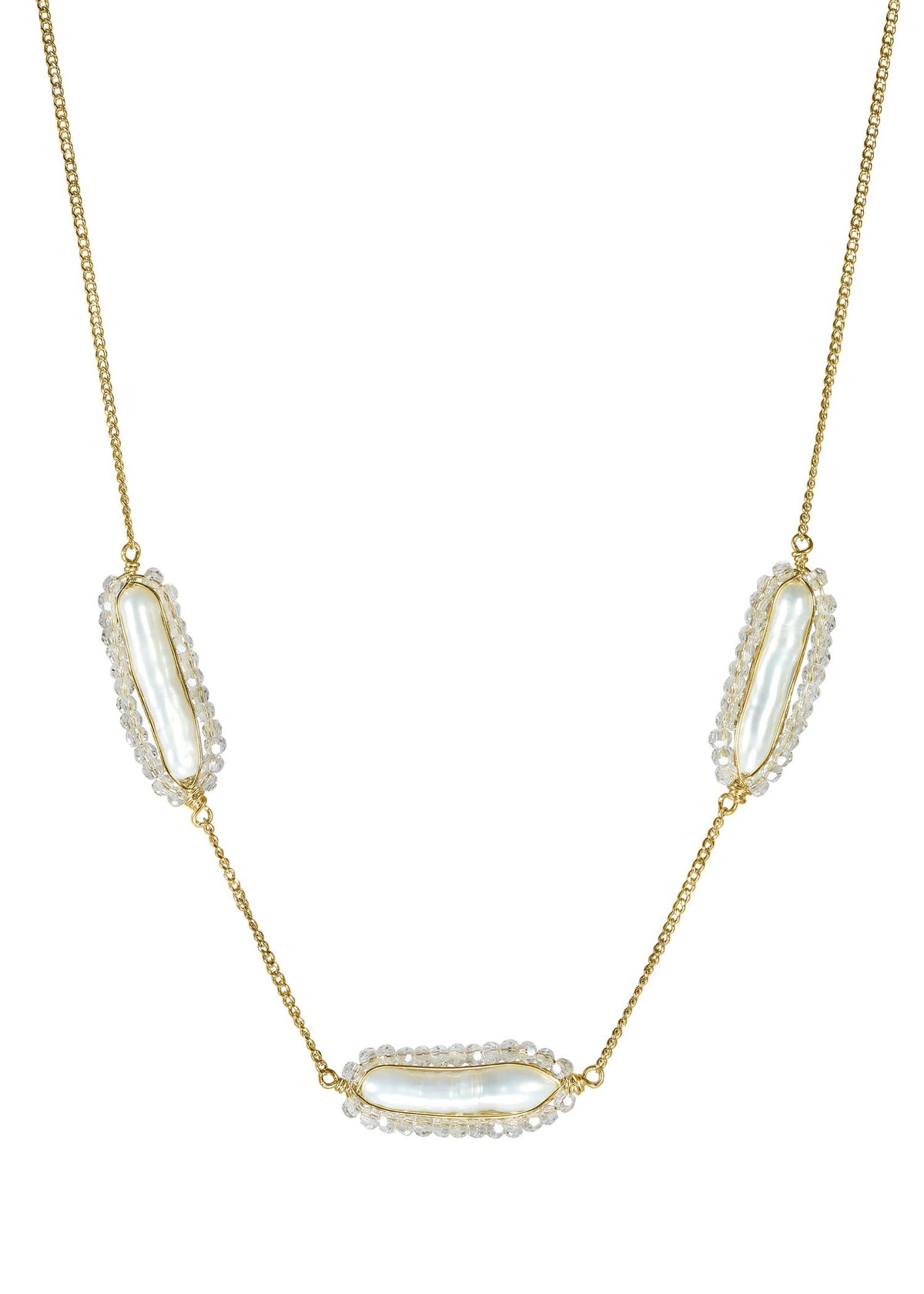 Fresh water pearl Crystal 14k gold fill Necklace measures 16” in length Pendant measures 3/4&quot; in length and 5/16&quot; in width (x3) Handmade in our Los Angeles studio