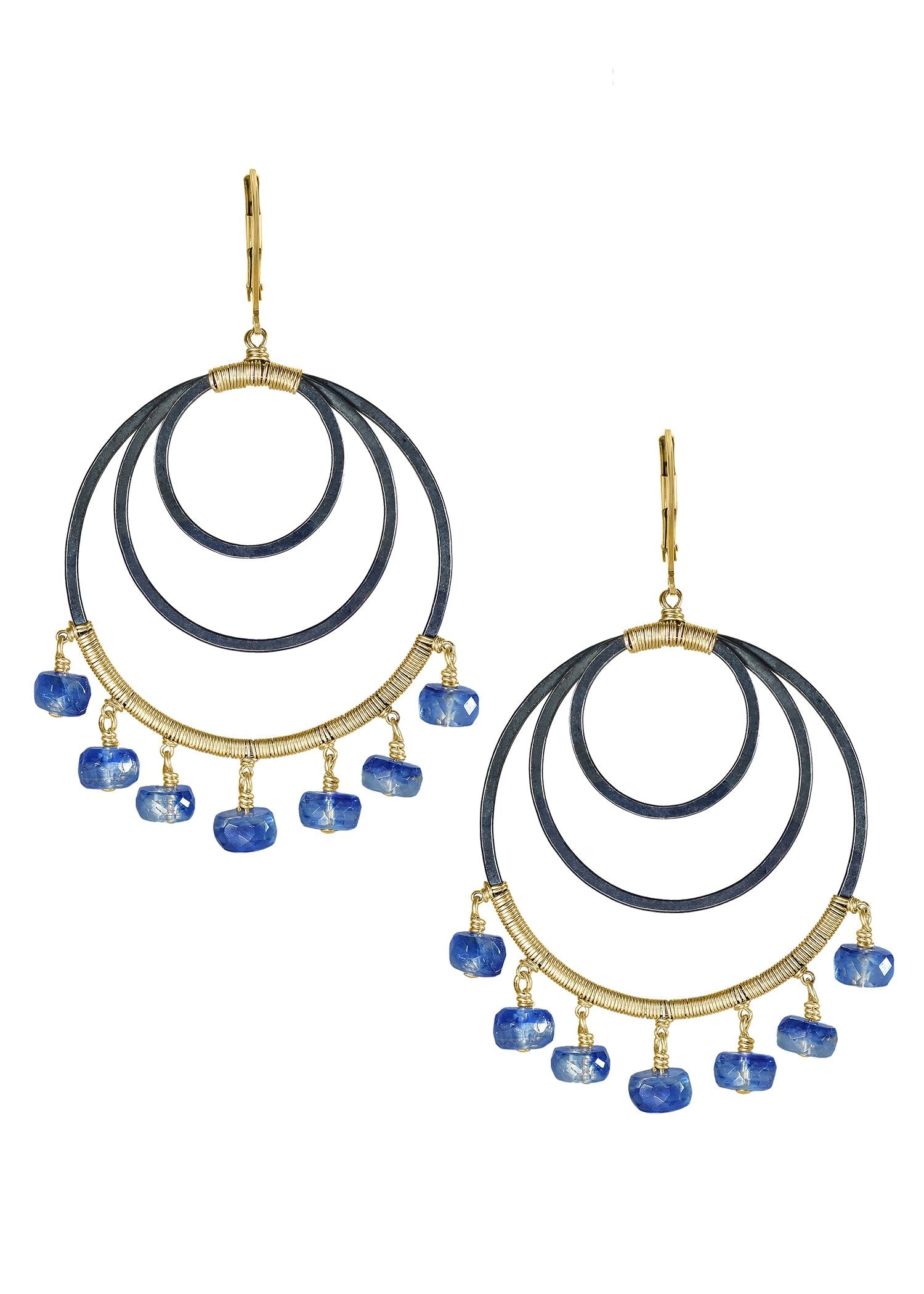 Kyanite 14k gold fill Blackened sterling silver Earrings measure 2-7/16" in length (including the levers) and 1-5/16" in width Handmade in our Los Angeles studio