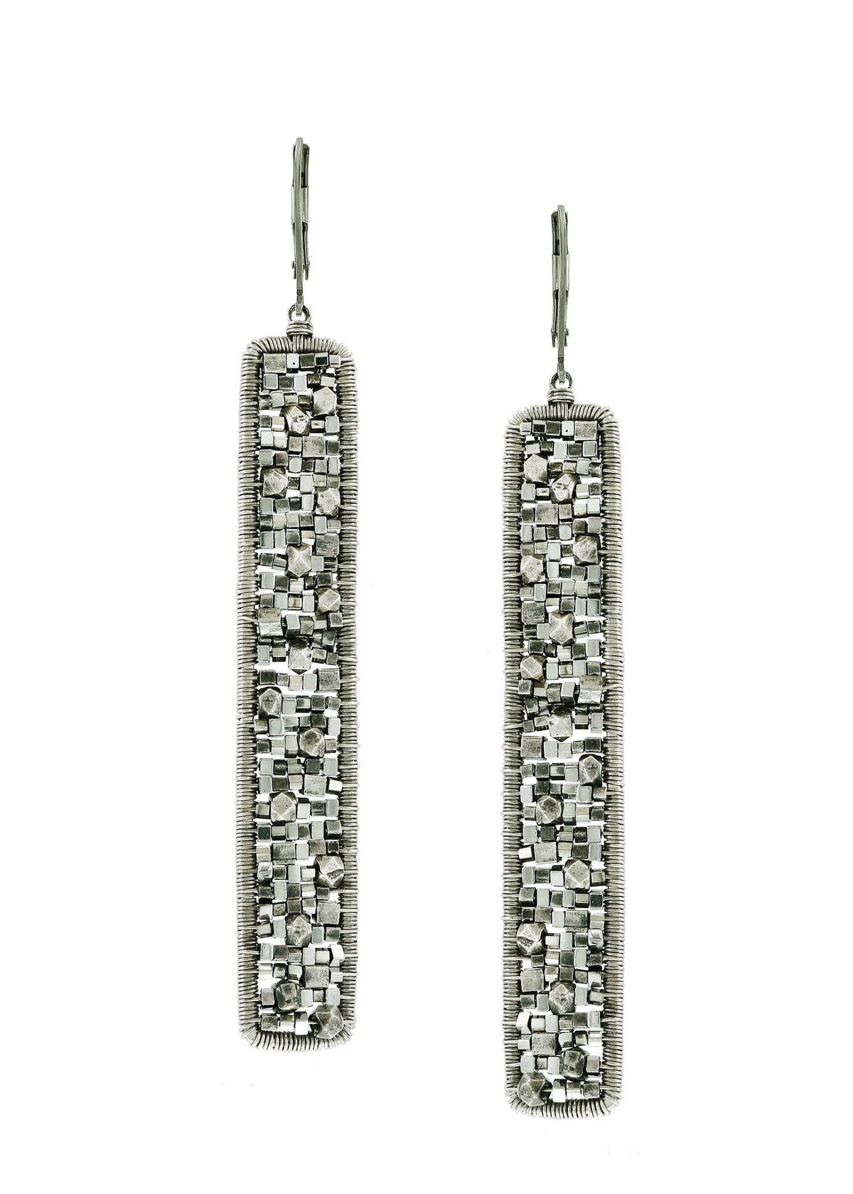 Sterling silver Hematite seed beads Earrings measure 2-7/8&quot; in length (including the levers) and 3/8&quot; in width Handmade in our Los Angeles studio