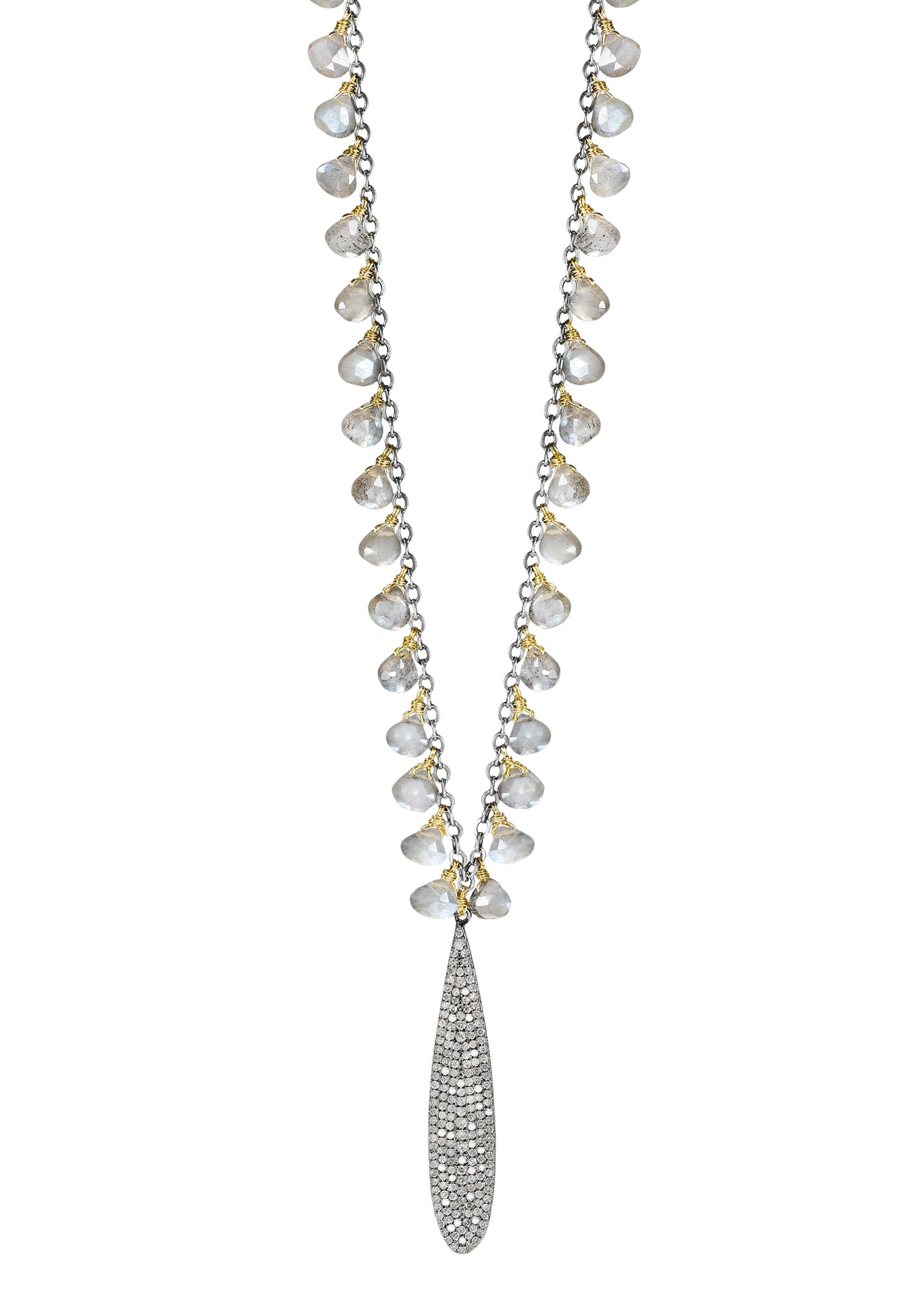 Diamond Gray moonstone 14k gold Sterling silver Mixed metal Special order only Necklace measures 21" in length Moonstone measures 3/16" in length and 3/16" in width at the widest point Pave pendant measures 1-5/8" in length and 5/16" in width Handmade in our Los Angeles studio 