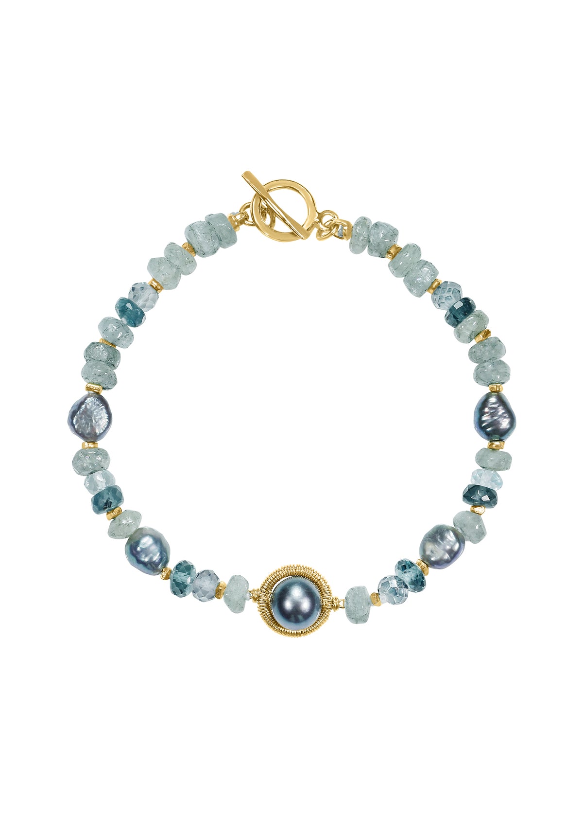 Freshwater pearl Aquamarine Kyanite Blue quartz 14k gold fill Pendant measures 3/8&quot; in diameter.  Total length is 7&quot; Handmade in our Los Angeles studio