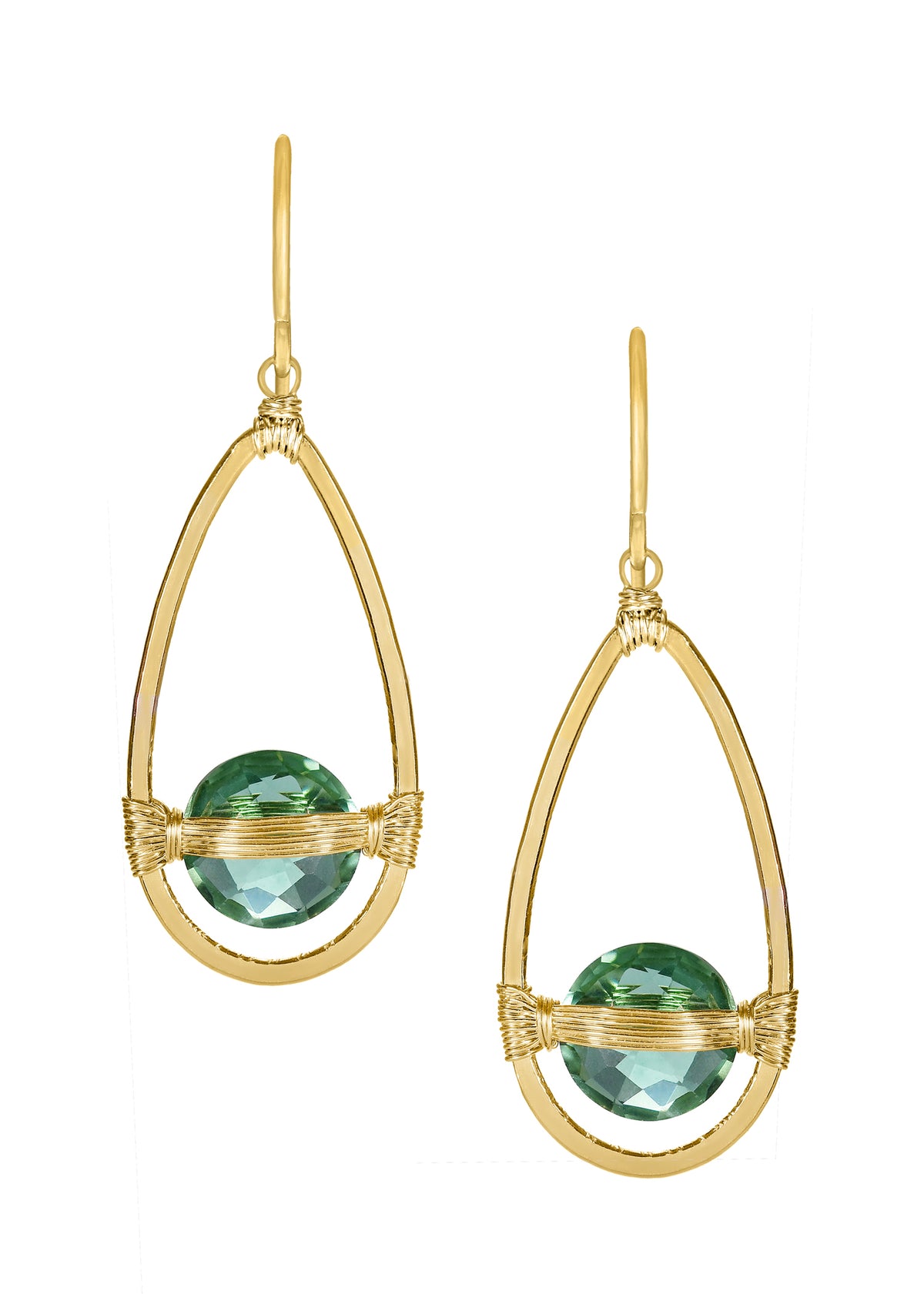 Green quartz 14k gold fill Earrings measure 1-1/2&quot; in length (including the ear wires) and 1/2&quot; in width at the widest point Handmade in our Los Angeles studio