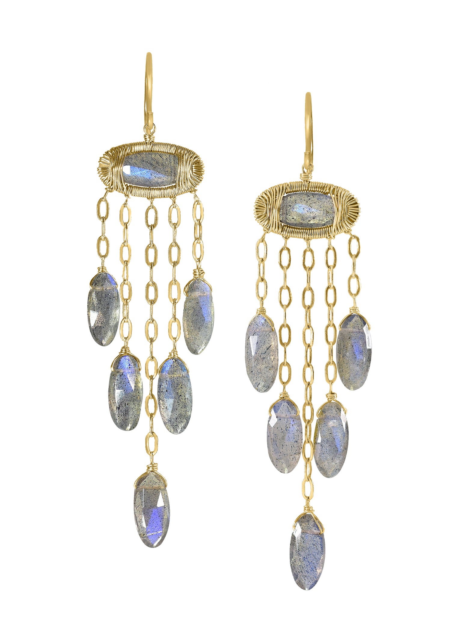 Labradorite 14k gold Earrings measure 2-11/16" in length (including the ear wires) and 5/8" in width across the top pendant Handmade in our Los Angeles studio