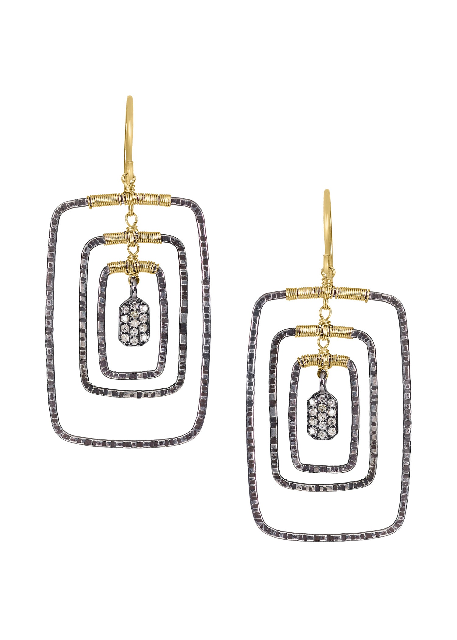 Diamond 14k gold Sterling silver Mixed metal Earrings measure 1-15/16" in length (including the ear wires) and 13/16" in width at the widest point Handmade in our Los Angeles studio