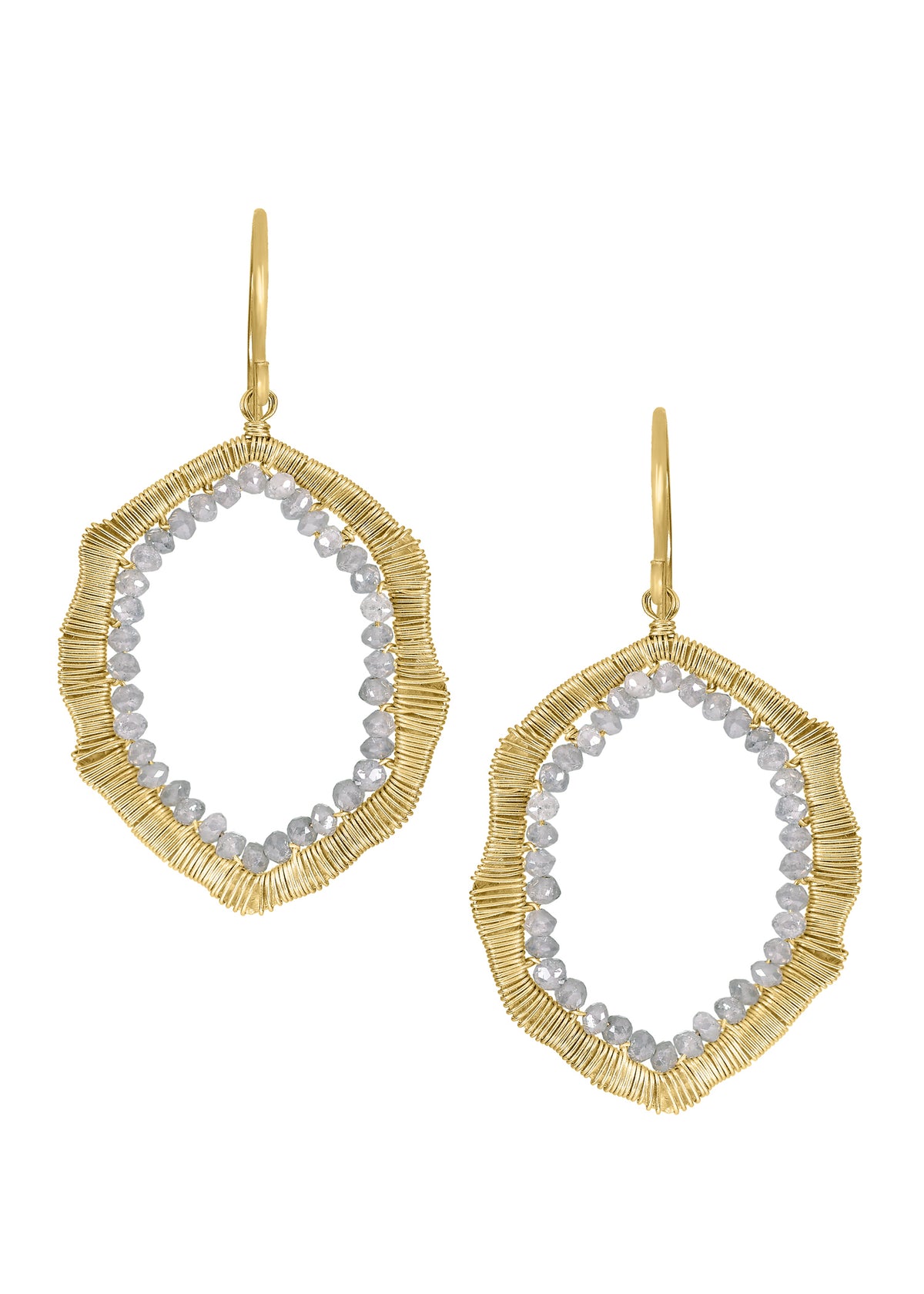 Gray diamonds 14k gold Earrings measure 1-7/8&quot; in length (including the ear wires) and 1&quot; in width at the widest point Handmade in our Los Angeles studio