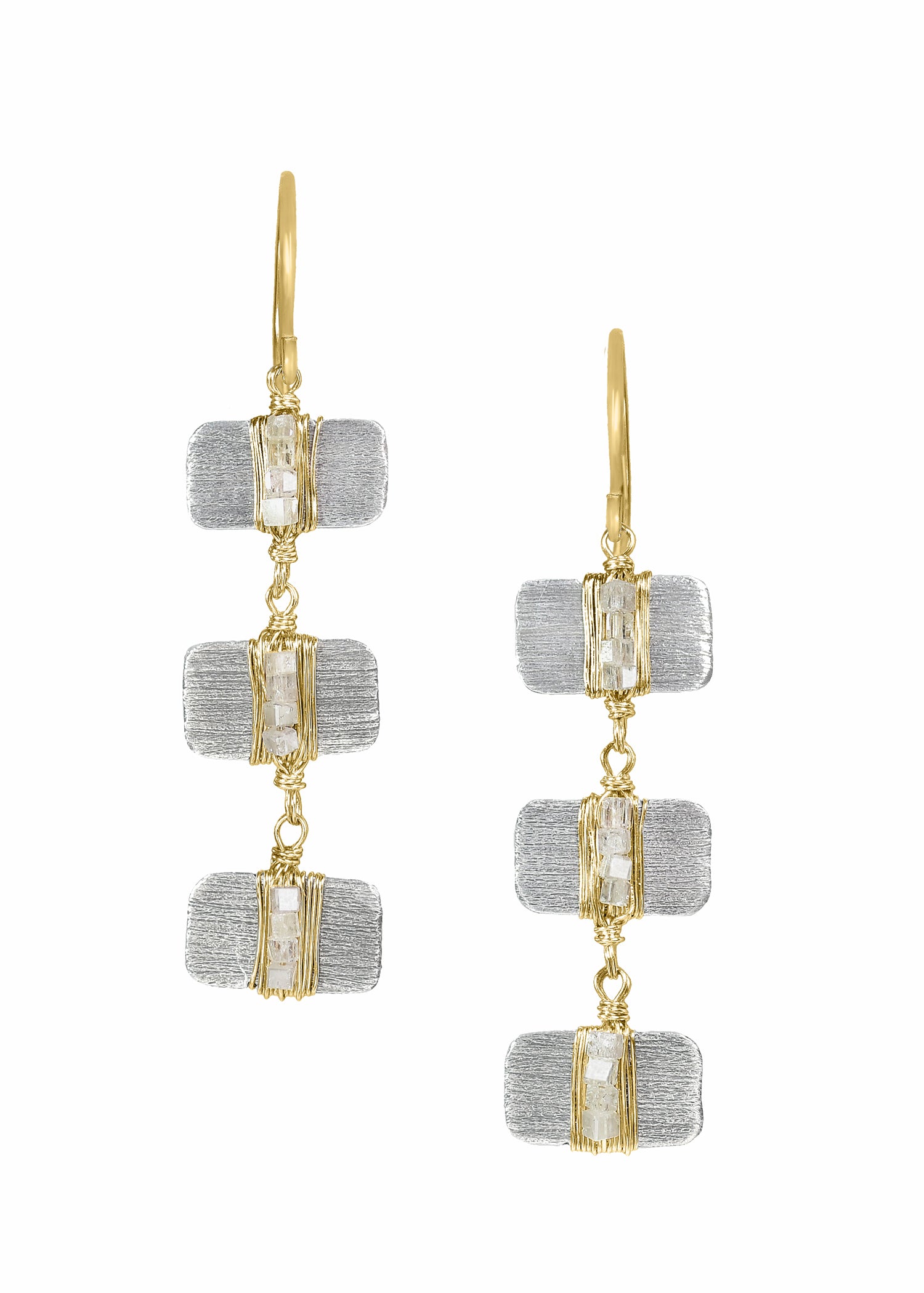 Diamond 14k gold Sterling silver Mixed metal Earrings measure 1-9/16" in length (including the ear wires) and 3/8" in width Handmade in our Los Angeles studio