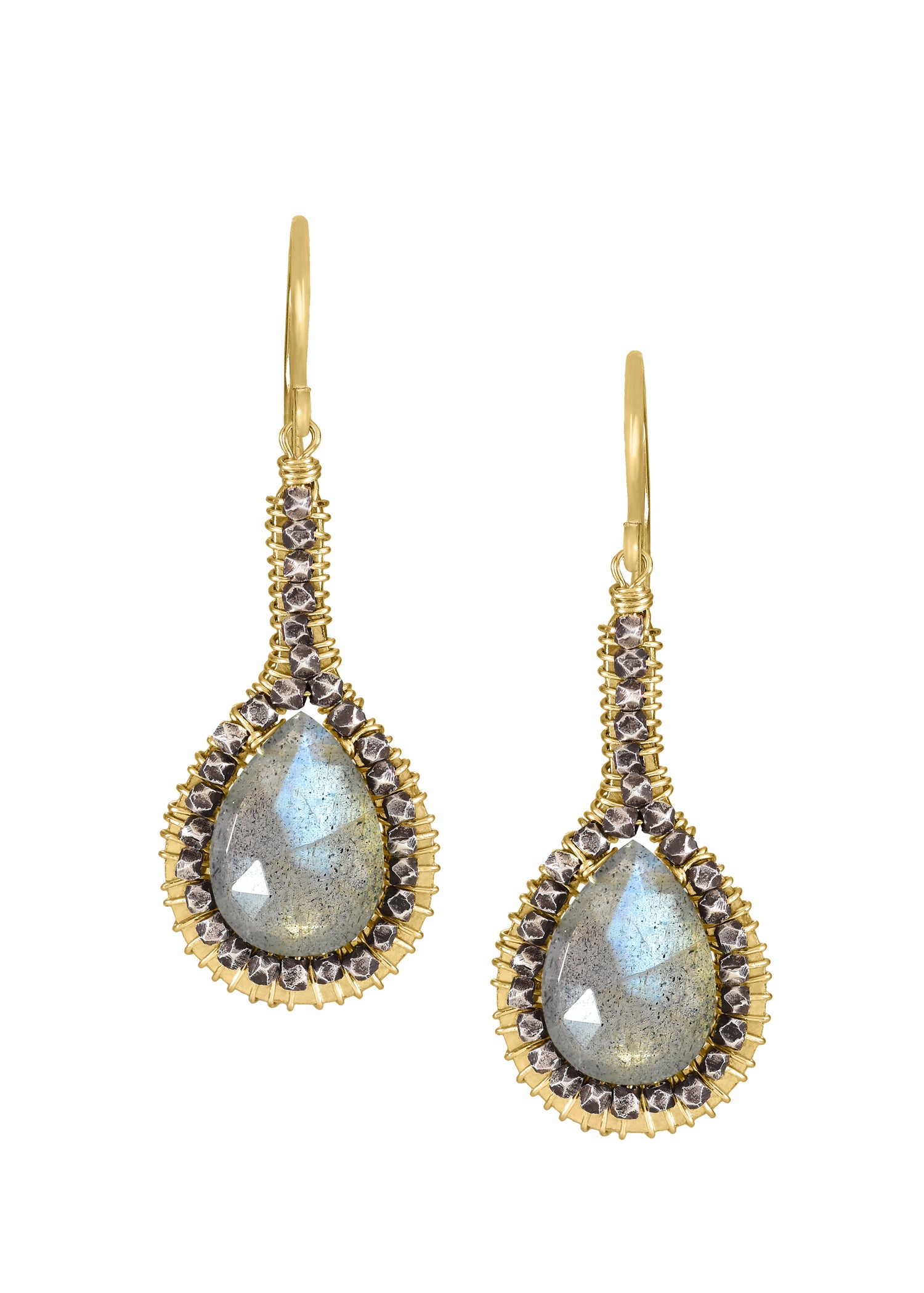 Labradorite Sterling silver 14k gold fill Mixed metal Earrings measure 1-1/2" in length (including the ear wires) and 7/16" in width at the widest point Handmade in our Los Angeles studio
