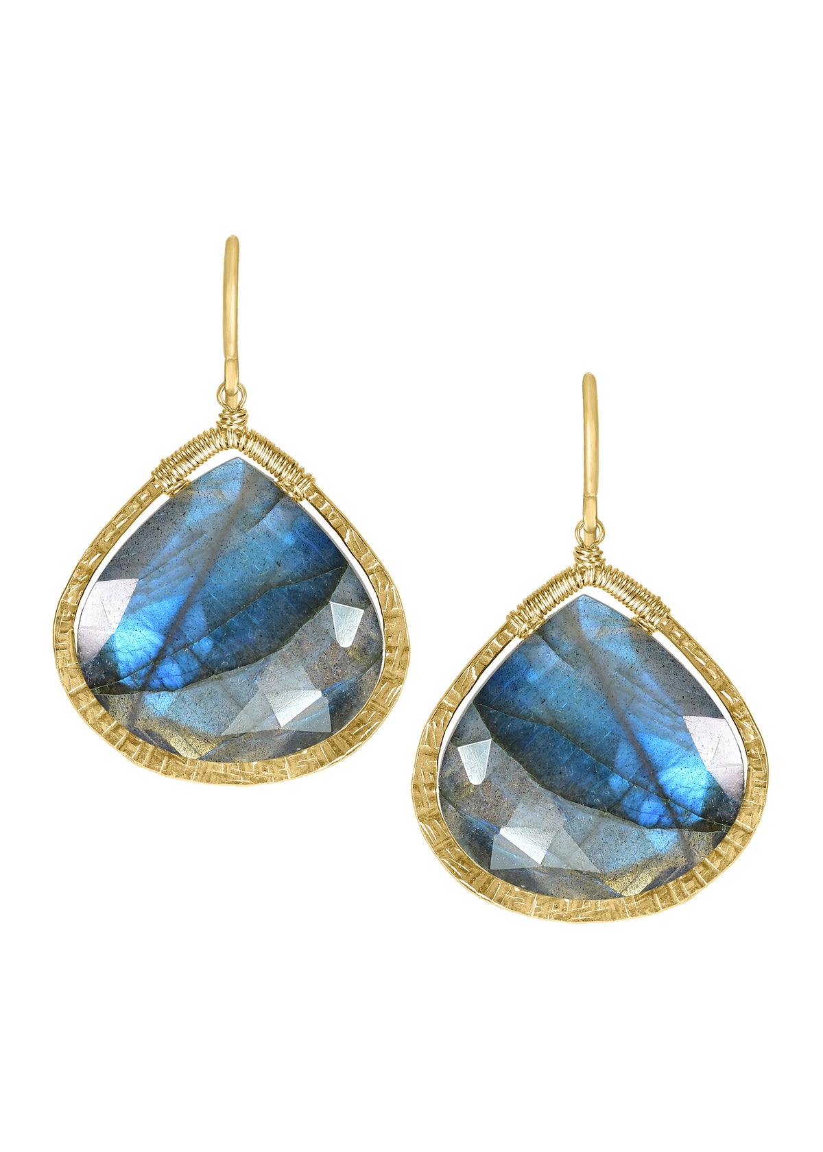 Labradorite 14k gold fill Earrings measure 1-3/8&quot; in length (including the ear wires) and 7/8&quot; in width at the widest point Handmade in our Los Angeles studio