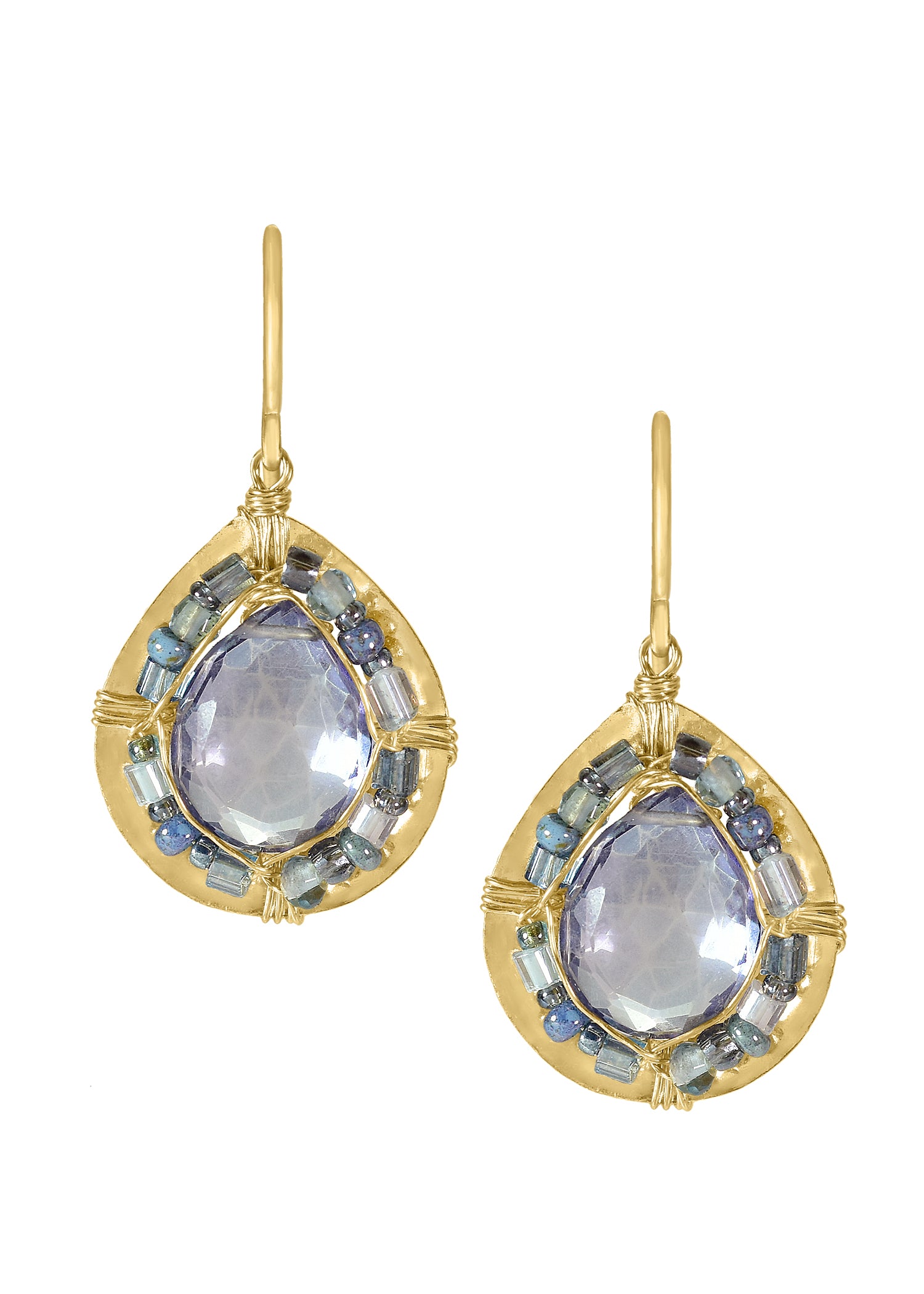 Blue quartz Seed beads 14k gold fill Earrings measure 1-3/16" in length (including the ear wires) and 11/16" in width at the widest point Handmade in our Los Angeles studio