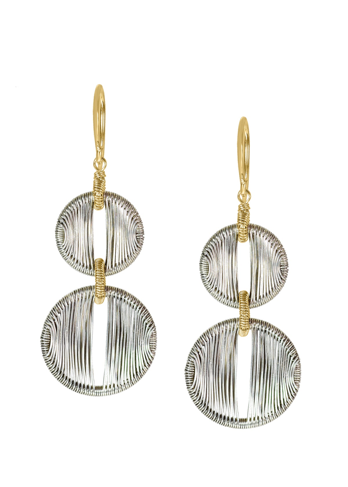 14k gold fill Sterling silver Mixed metal Earrings measure 1-11/16&quot; in length (including the ear wires) Top drop diameter is 7/16&quot;, bottom drop diameter is 5/8 Handmade in our Los Angeles studio