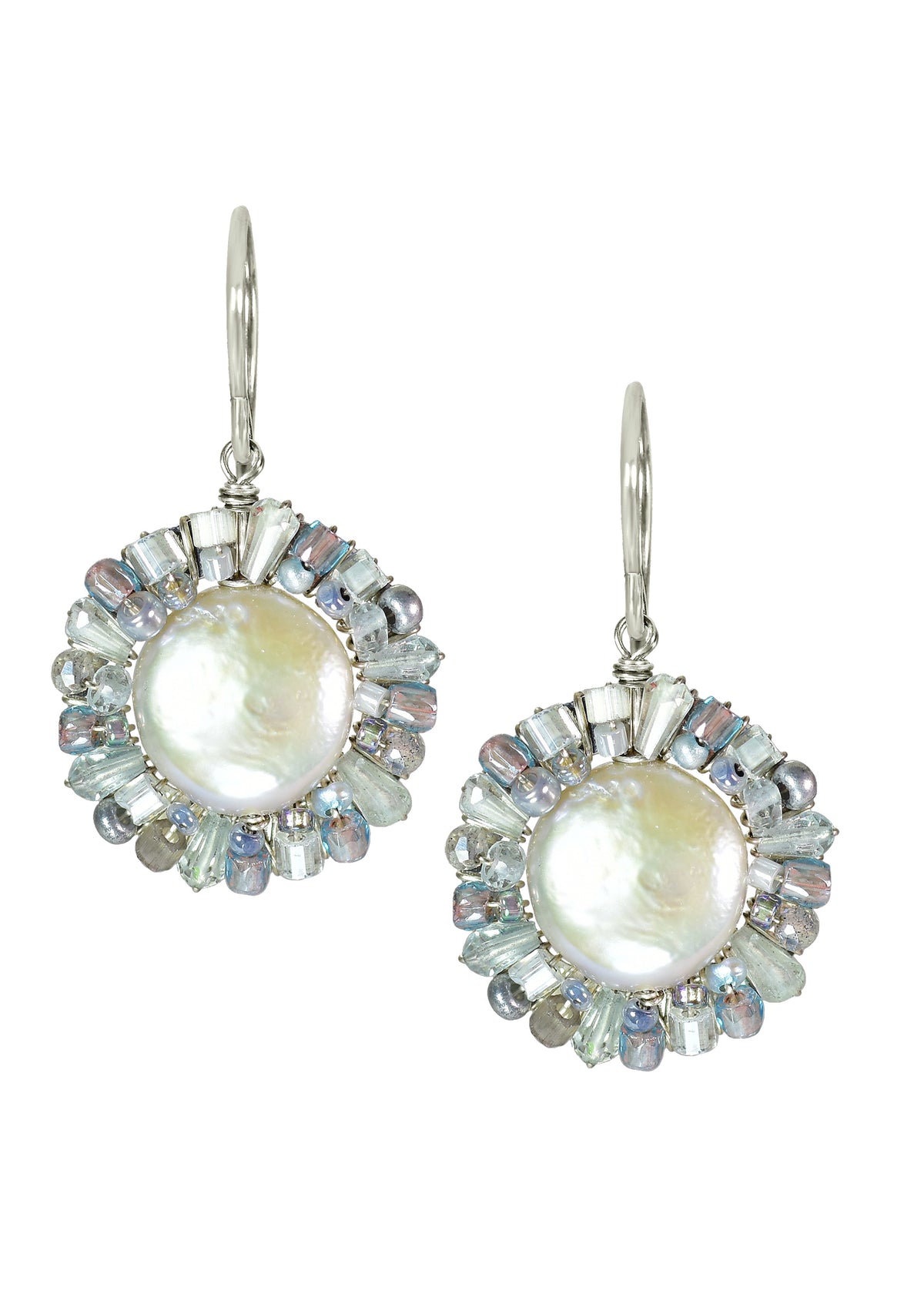 Freshwater pearl Aquamarine Labradorite Seed beads Sterling silver Earrings measure 1-1/8&quot; in length (including the ear wires) and 5/8&quot; in width Handmade in our Los Angeles studio