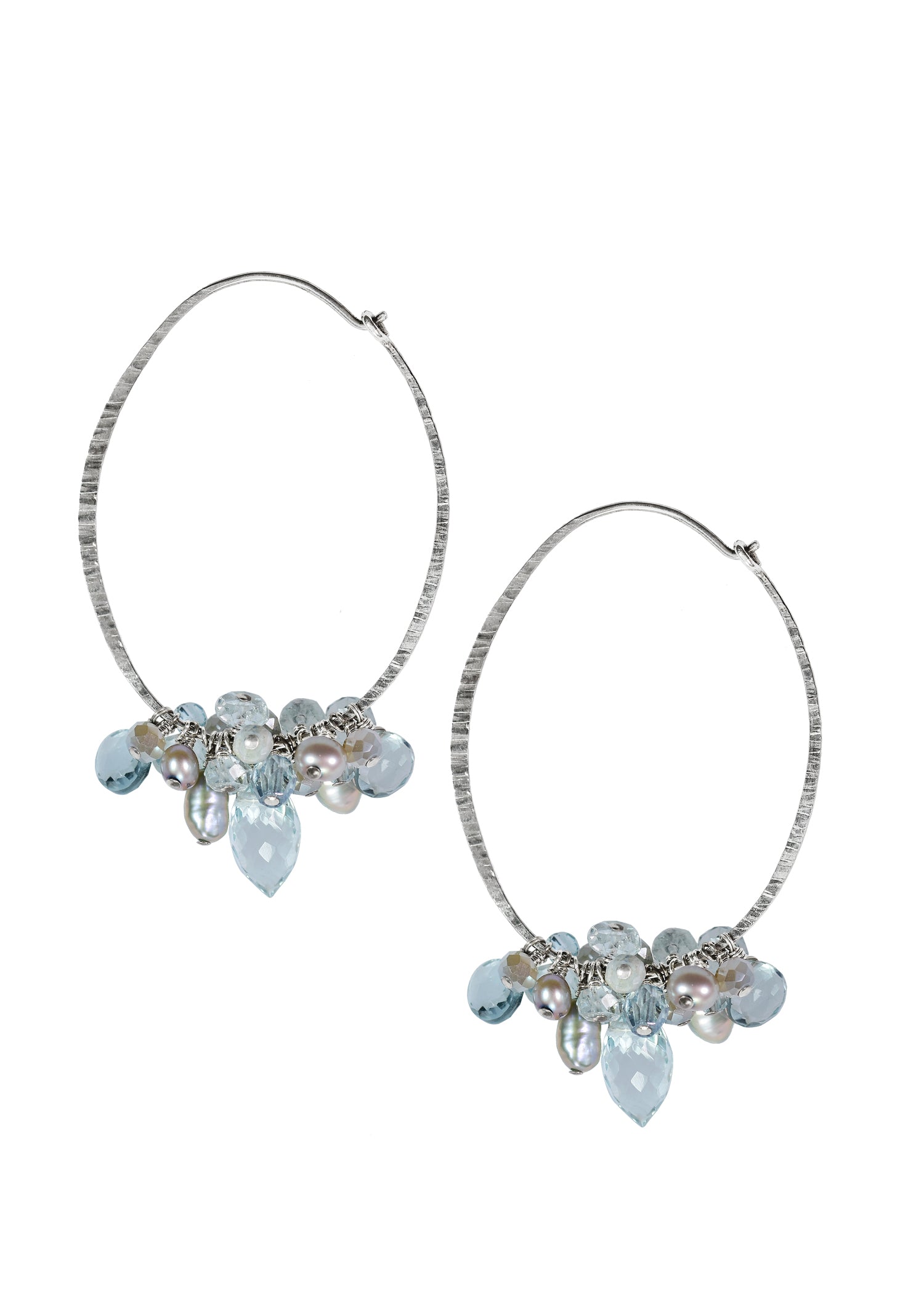 Aqua quartz Corundum Freshwater pearl Crystal Sterling silver Earrings measure 2" in length and 1-3/16" in width across the widest point of the hoop Handmade in our Los Angeles studio