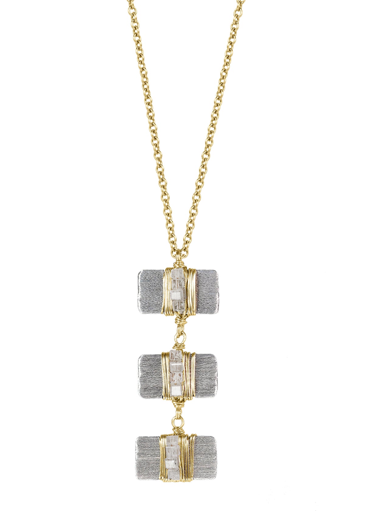Diamond 14k gold Sterling silver Mixed metal Necklace measures 18&quot; in length Pendant measures 1-1/8&quot; in length and 1/2&quot; in width Handmade in our Los Angeles studio