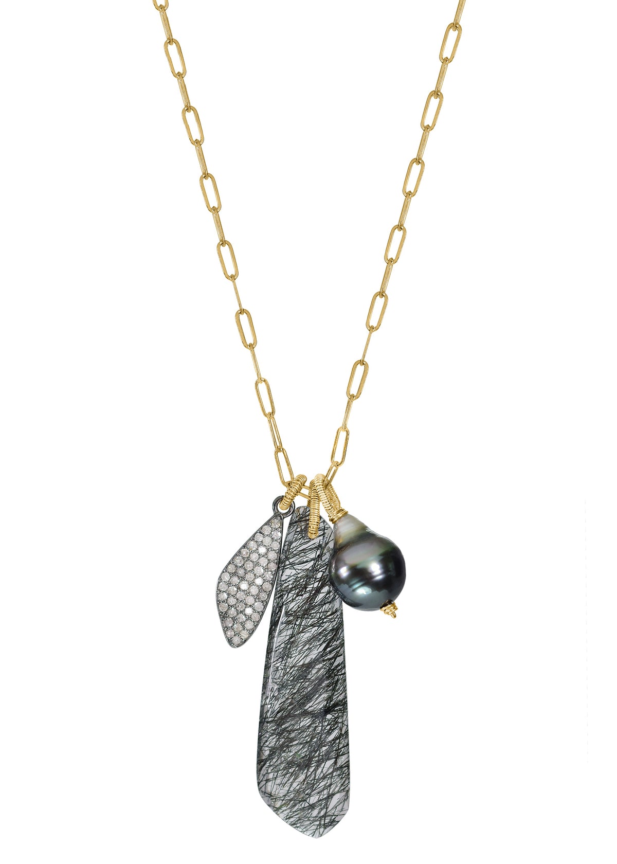 Diamond Black tourmalated quartz Tahitian pearl 14k gold Necklace measures 32&quot; in length Pendants measure 3/4&quot; in length and 1/4&quot; in width(pave), 1 5/8&quot; in length and 1/2&quot; in width (quartz), and 1/2&quot; in length and  3/8&quot; in width (pearl) Handmade in our Los Angeles studio