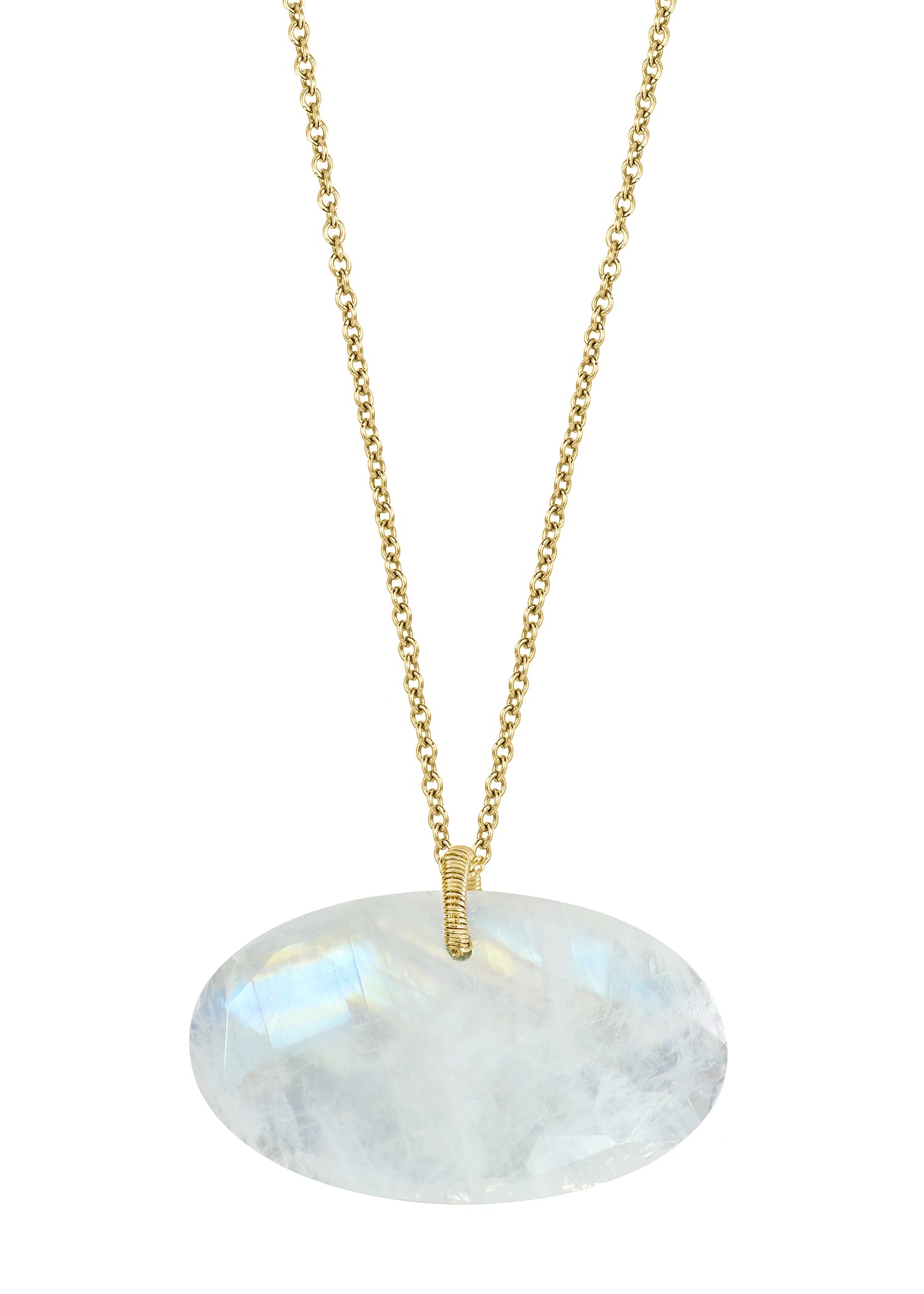 Rainbow moonstone 14k gold Special order only Necklace measures 16" in length Pendant measures 3/4" in length and 1-1/8" in width Handmade in our Los Angeles studio
