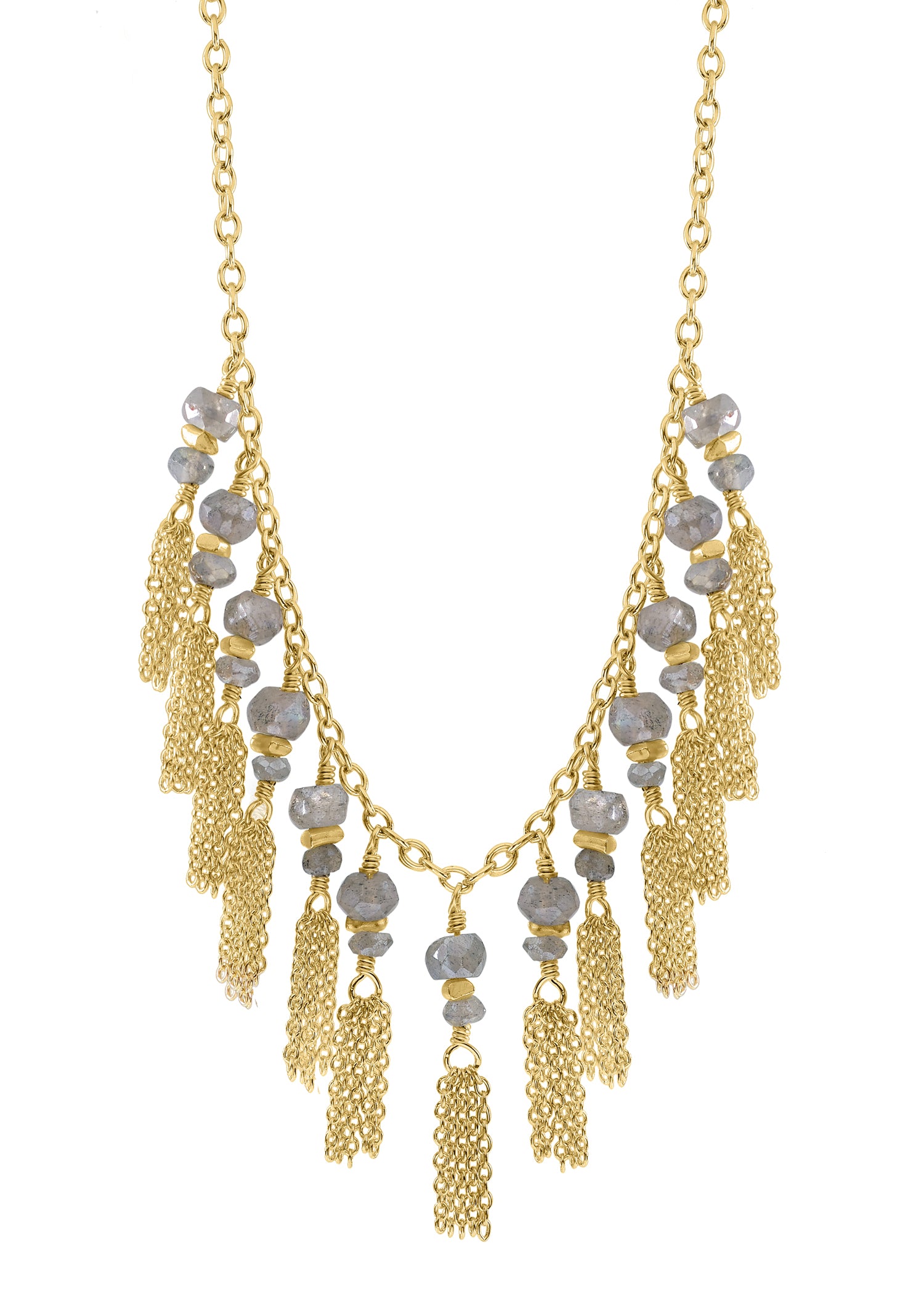 Labradorite 14k gold fill 14k gold vermeil sterling silver beads Necklace measures 17" in length Tassels measure 3/4" in length and 3/16" in width (x13) Handmade in our Los Angeles studio