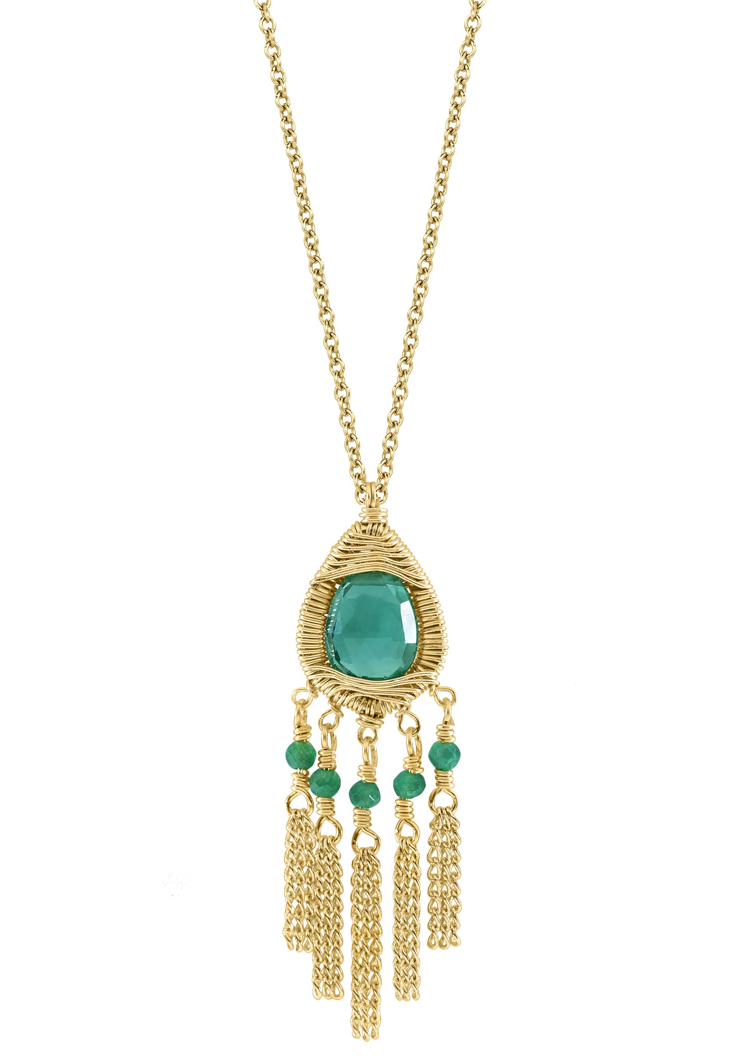 Emerald Green quartz 14k gold fill Necklace measures 17" in length Pendant measures 1-1/4" in length and 1/2" in width at the widest point Handmade in our Los Angeles studio