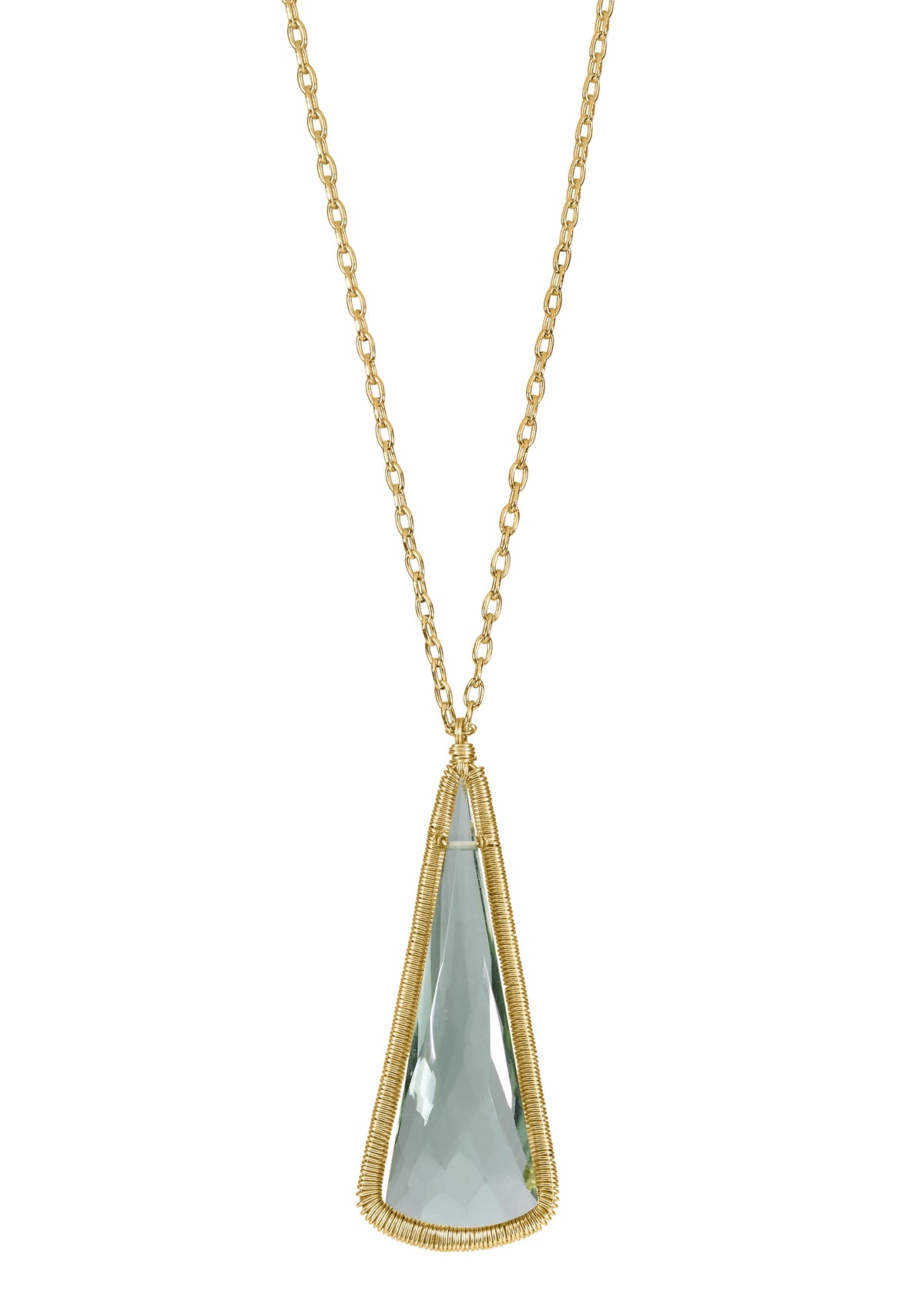 Green quartz 14k gold fill Necklace measures 30&quot; in length Pendant measures 1-1/2&quot; in length and 5/8&quot; in width at the widest point Handmade in our Los Angeles studio