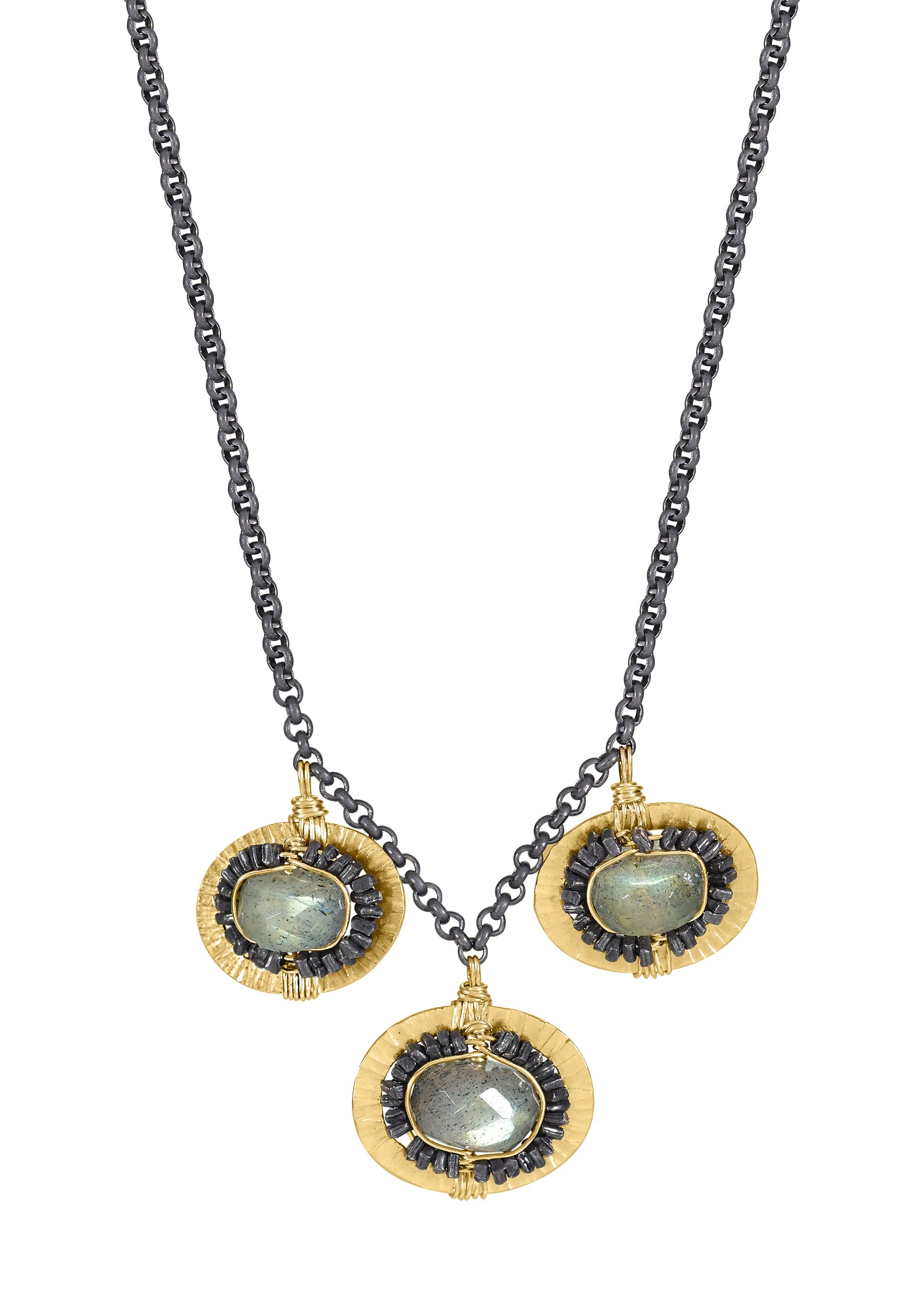 Labradorite 14k gold fill Blackened sterling silver Necklace measures 17" Pendants measure 3/8" in length and 1/2" in width (x2), 7/16" in length and 9/16" in width (x1) Handmade in our Los Angeles studio