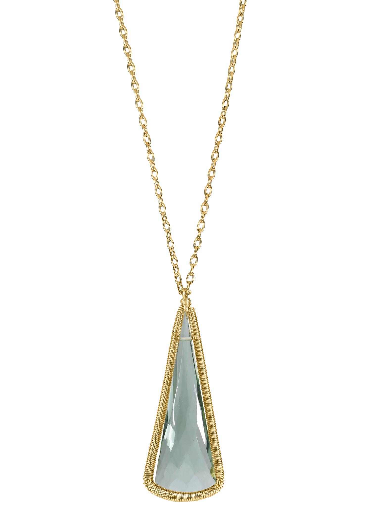 Green quartz 14k gold fill Necklace measures 30" in length Pendant measures 1-1/2" in length and 5/8" in width at the widest point Handmade in our Los Angeles studio
