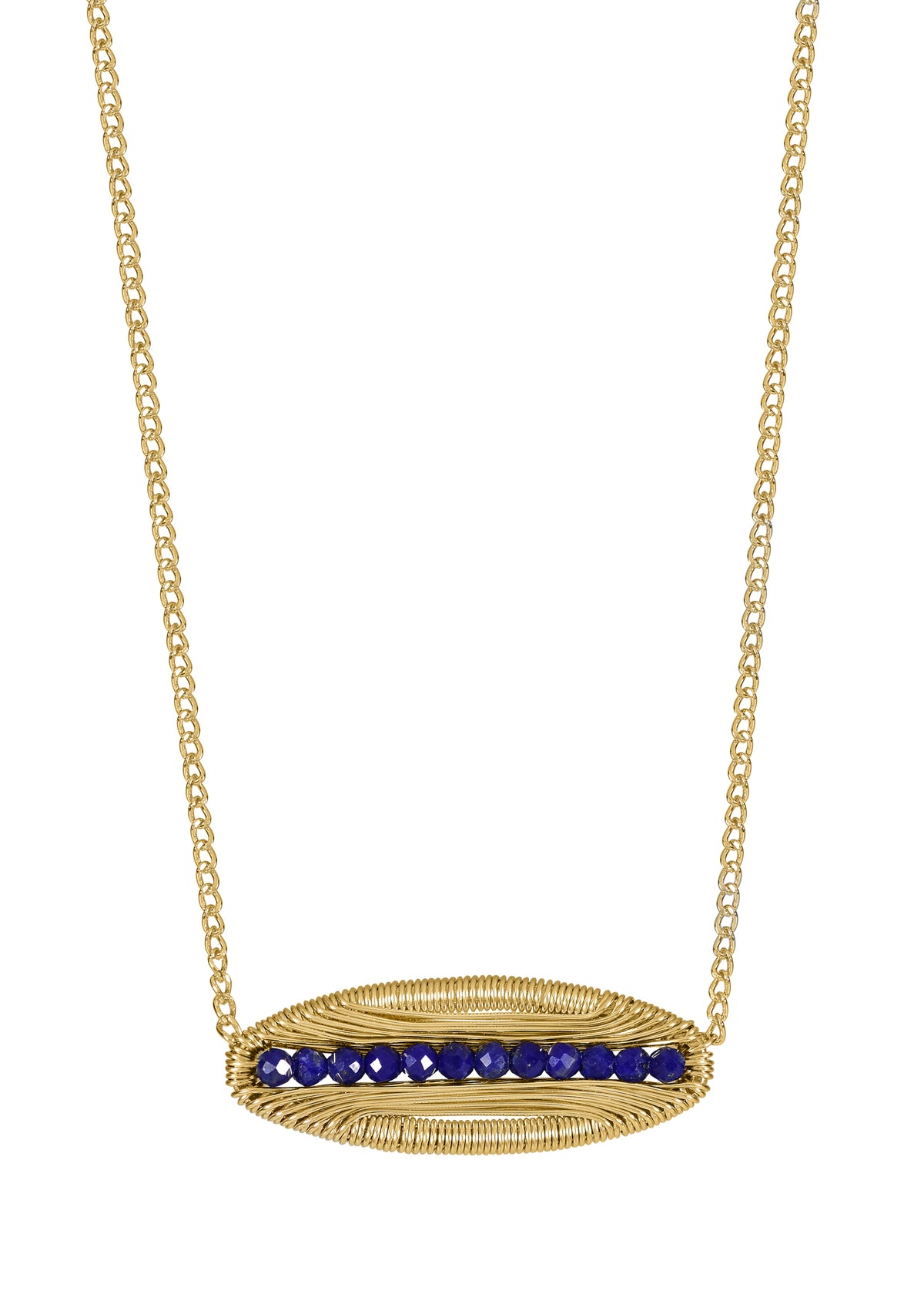 Blue lapis 14k gold fill Necklace measures 16&quot; in length Pendant measures 5/16&quot; in length and 7/8&quot; in width Handmade in our Los Angeles studio