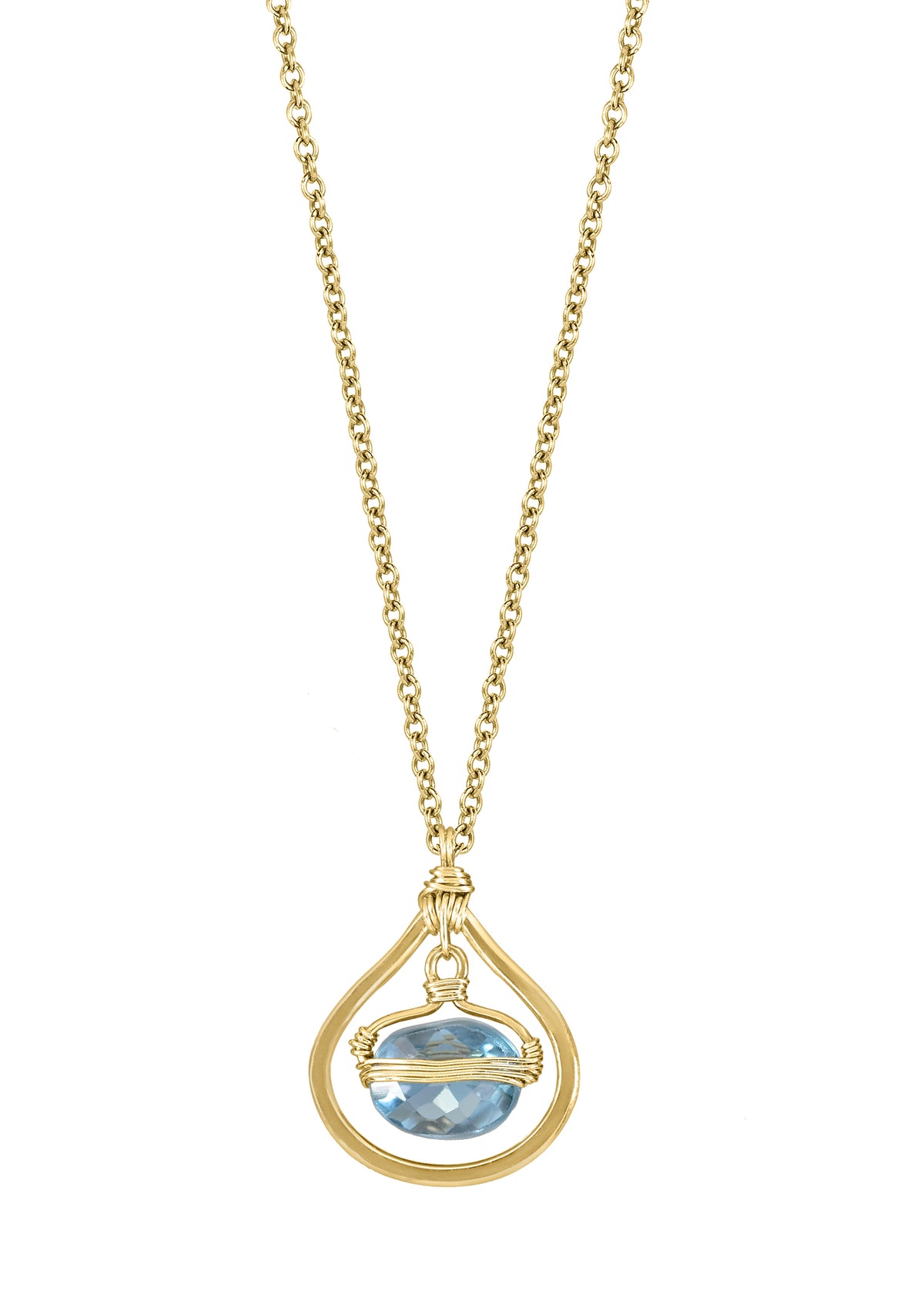 London blue topaz 14k gold fill Necklace measures 16&quot; in length Pendant measures 1/2&quot; in length and 1/2&quot; in width at the widest point Handmade in our Los Angeles studio