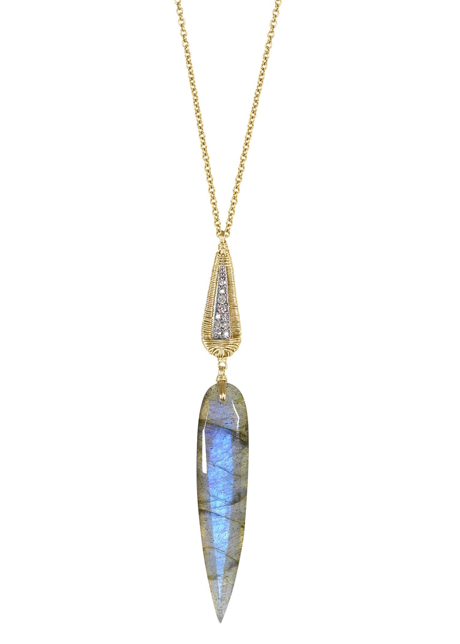 Diamond Labradorite 14k gold Sterling silver Mixed metal Special order only Necklace measures 31" in length Pendant measures 2-1/2" in length and 3/8" in width at the widest point Handmade in our Los Angeles studio
