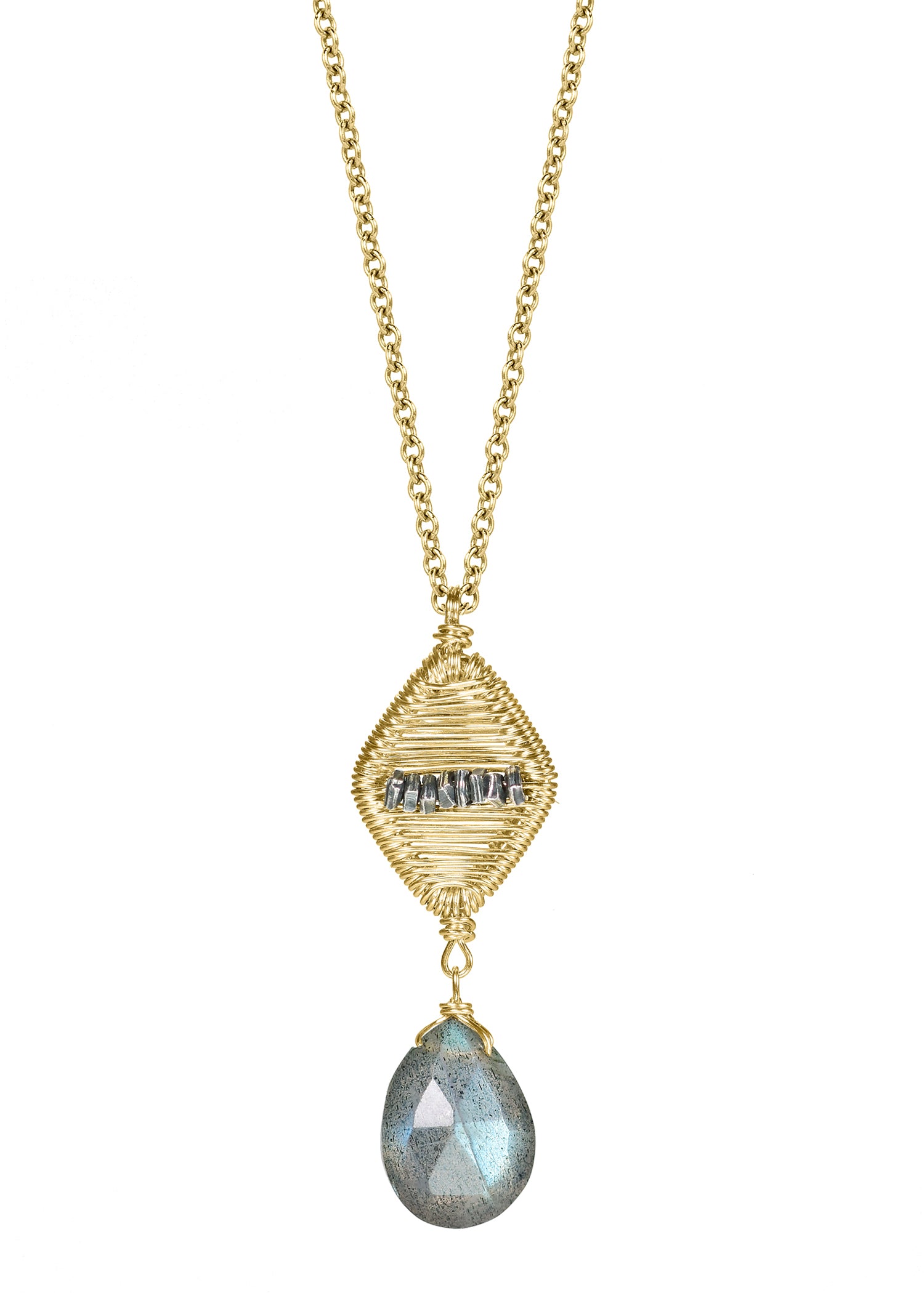 Labradorite 14k gold fill Sterling silver Mixed metal Necklace measures 17" in length Pendant measures 1" in length and 3/8" in width at the widest point Handmade in our Los Angeles studio