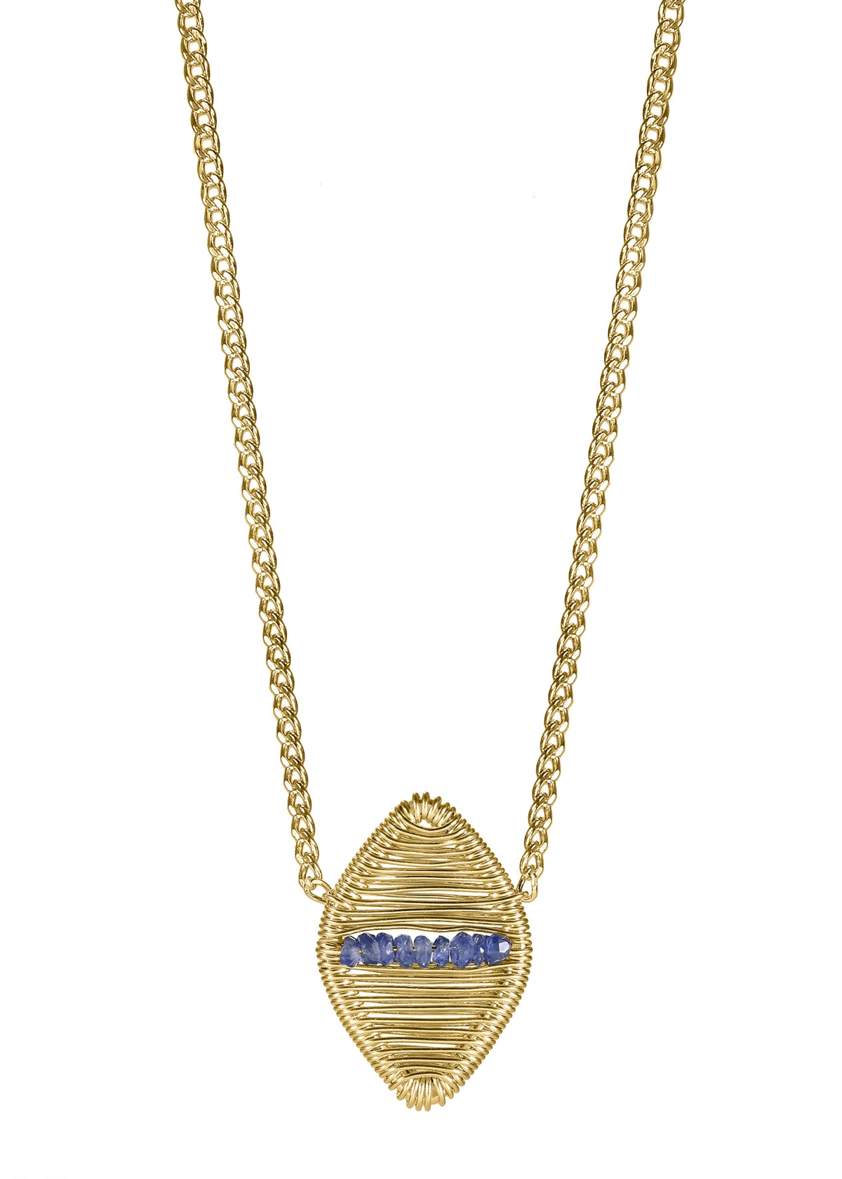 Blue sapphire 14k gold fill Necklace measures 16&quot; in length Pendant measures 5/8&quot; in length and 3/8&quot; in width at the widest point Handmade in our Los Angeles studio