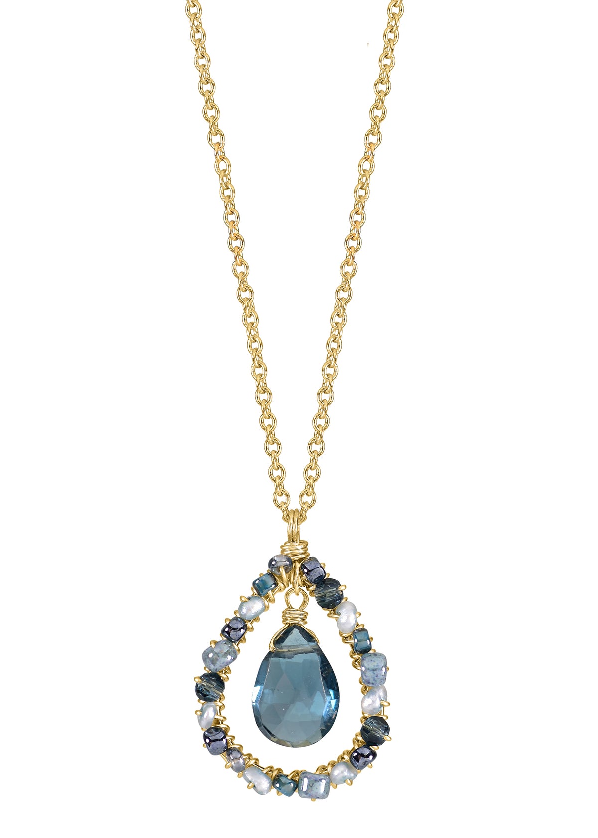 London blue topaz Freshwater pearl Crystal Seed beads 14k gold fill Necklace measures 16&quot; in length Pendant measures 5/8&quot; in length and 1/2&quot; in width at the widest point Handmade in our Los Angeles studio