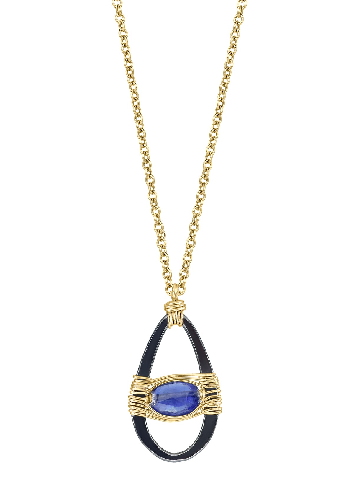 Kyanite Blackened sterling silver 14k gold fill Mixed metal Necklace measures 16&quot; in length Pendant measures 5/8&quot; in length and 3/8&quot; in width at the widest point Handmade in our Los Angeles studio