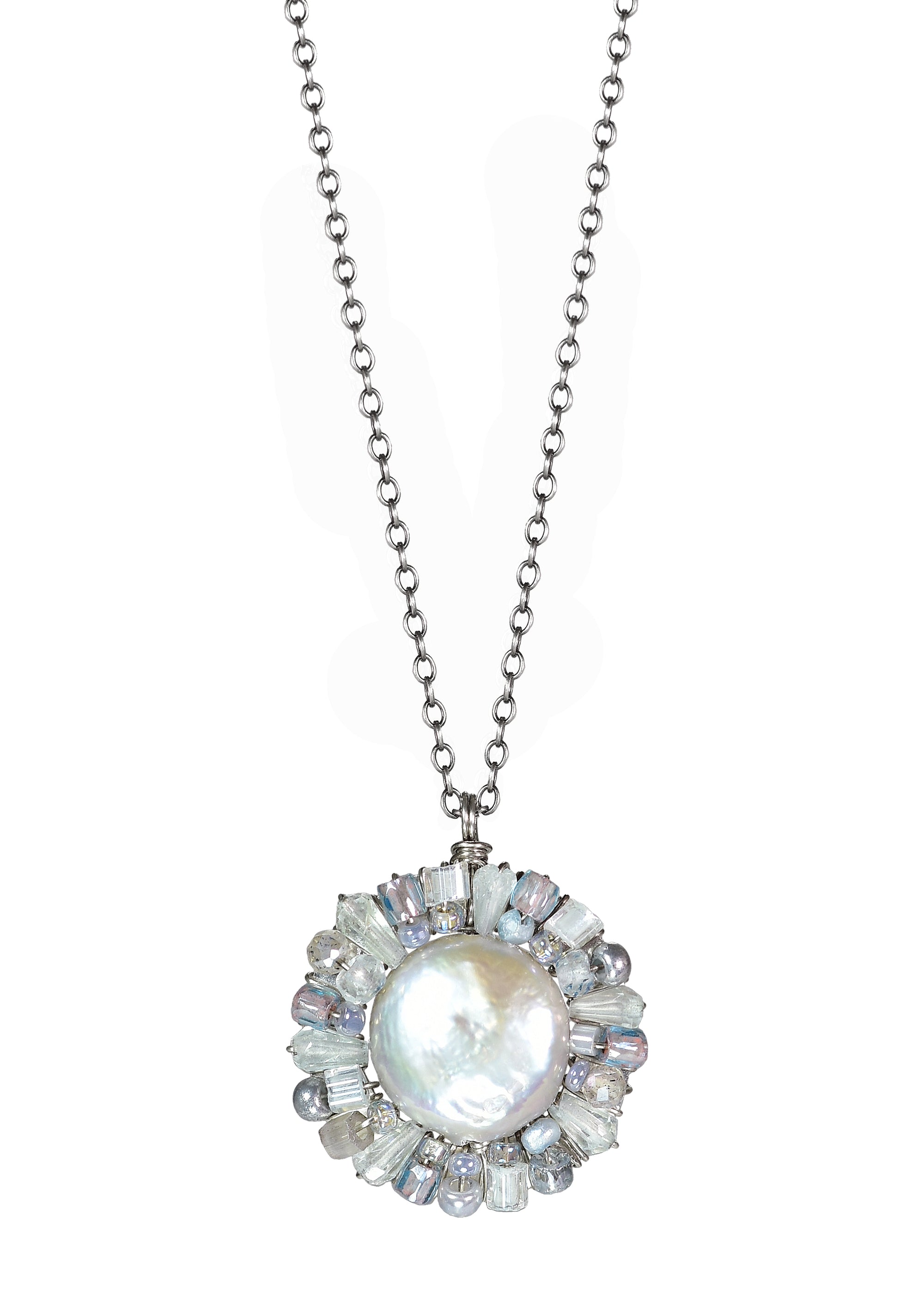 Freshwater pearl Aquamarine Labradorite Seed beads Sterling silver Necklace measures 17" in length Pendant measures 5/8" in diameter Handmade in our Los Angeles studio