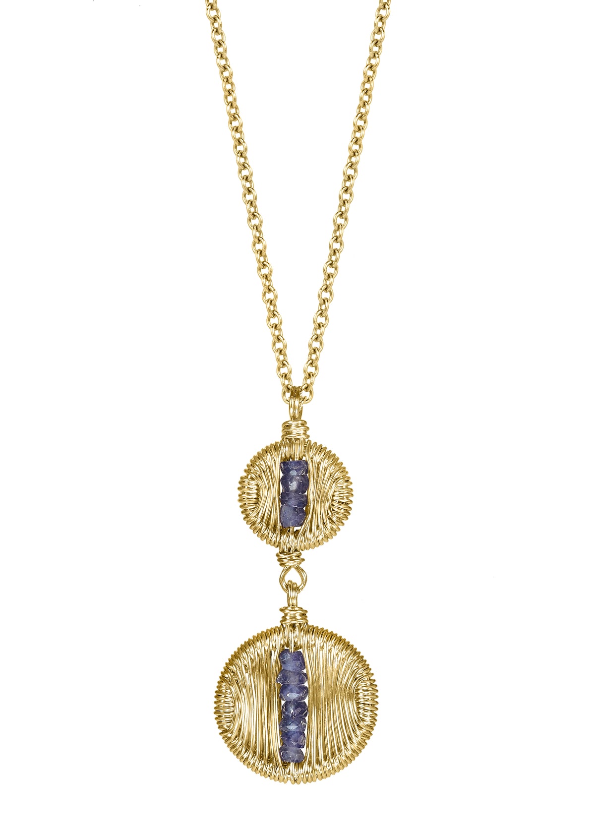 Blue sapphire 14k gold fill Necklace measures 17&quot; in length Pendants measure 1/4&quot; D (top) and 3/8&quot; D (bottom) Handmade in our Los Angeles studio