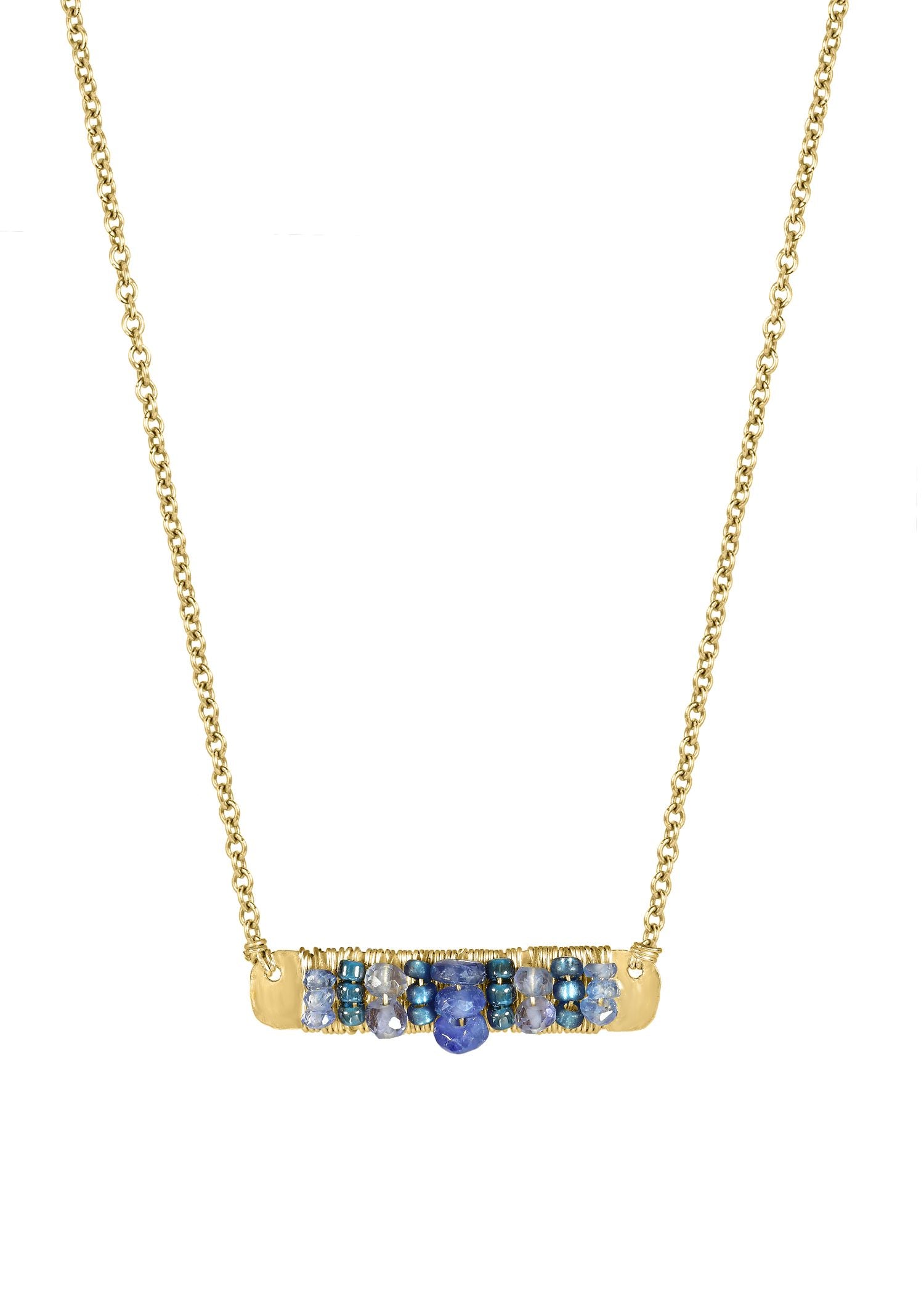 Sapphire Kyanite Tanzanite Seed beads 14k gold fill Necklace measures 16-1/2” in length Pendant measures 1/4” in length and 7/8” in width Handmade in our Los Angeles studio