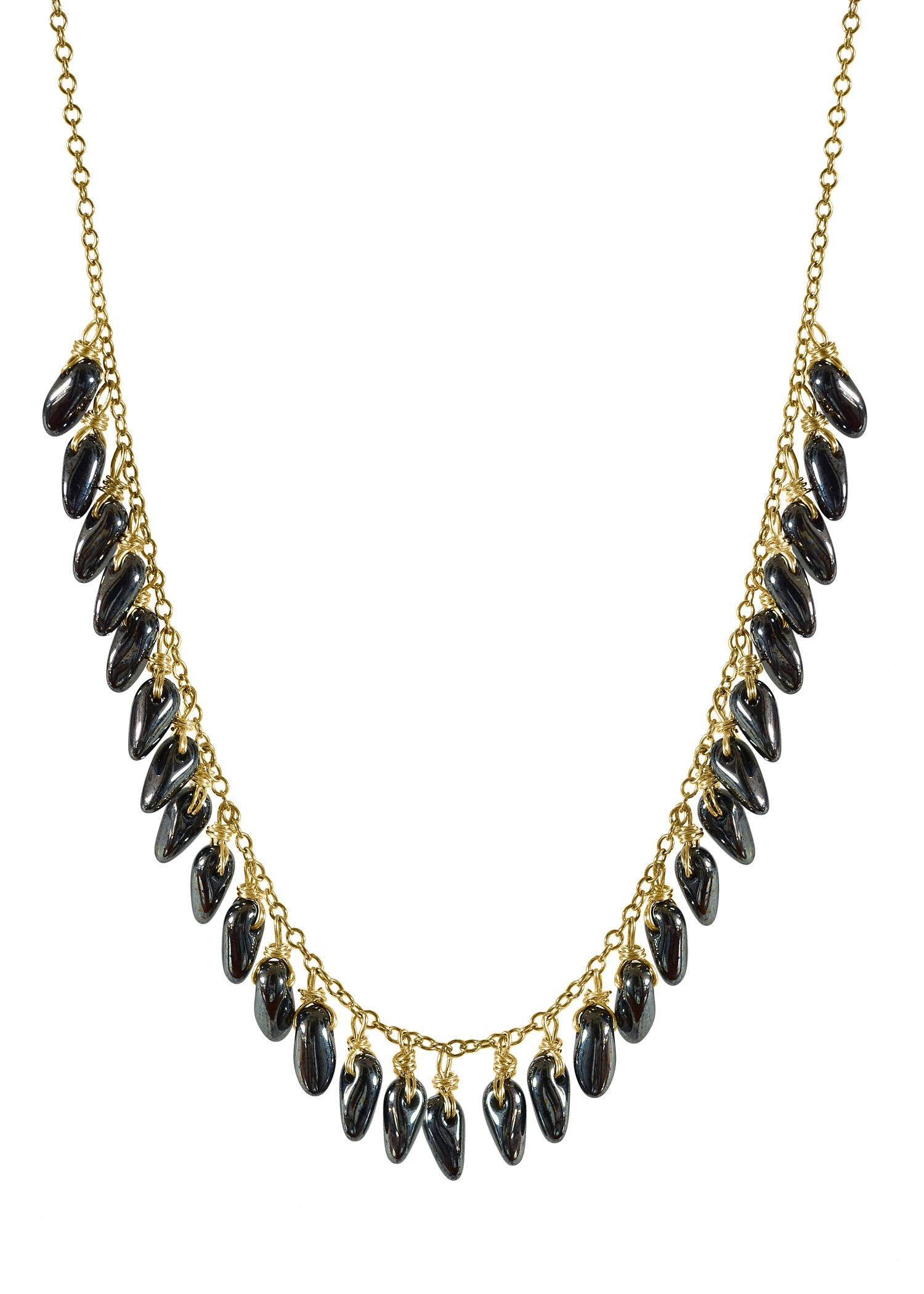 14k gold fill Hematite glass beads Necklace measures 18" in length Pendants measure 3/16" in length Handmade in our Los Angeles studio