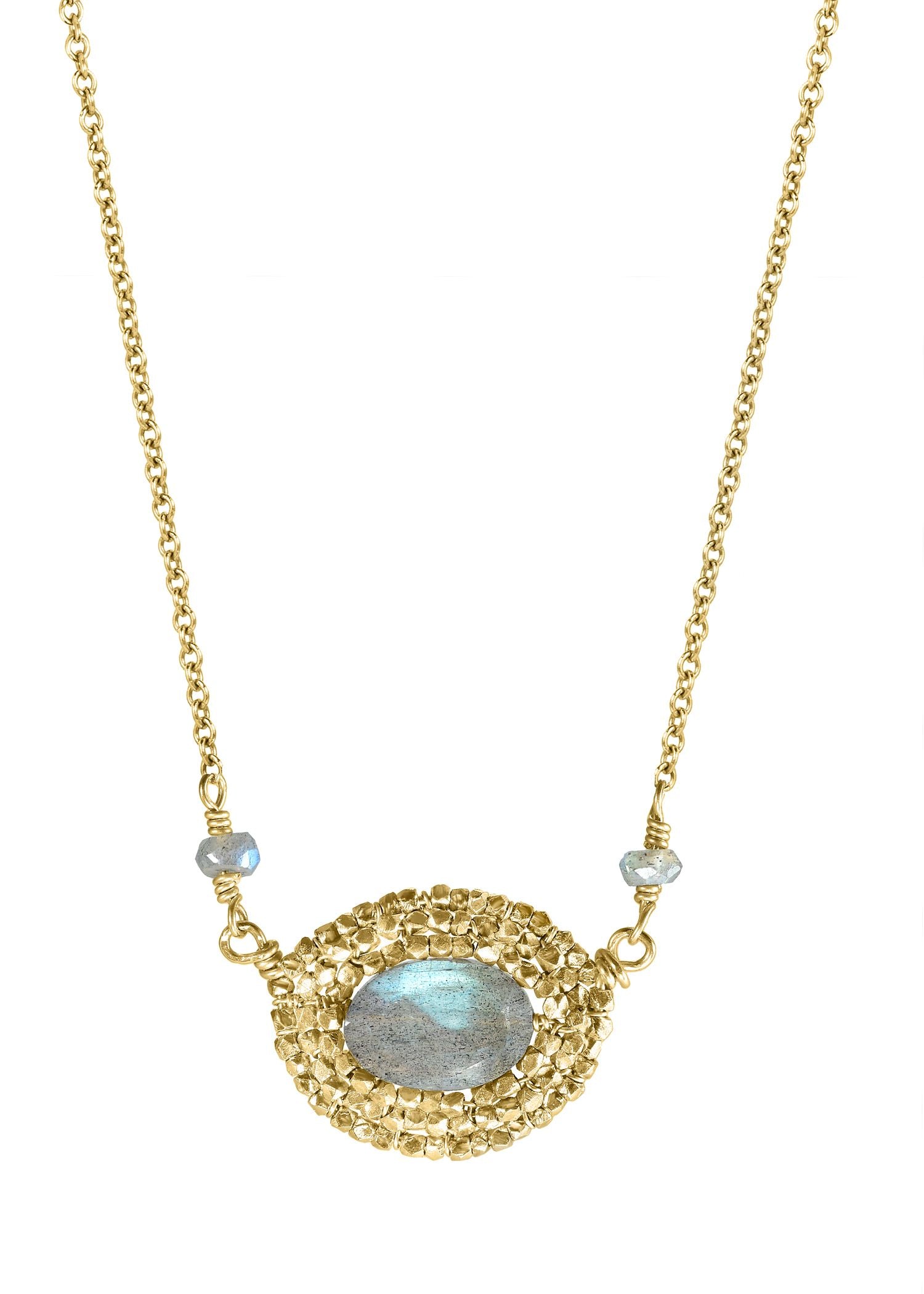 Labradorite 14k gold fill and 14k gold vermeil sterling silver Mixed metal Necklace measures 16” in length Pendant measures 1/2” in length and 5/8” in width Handmade in our Los Angeles studio