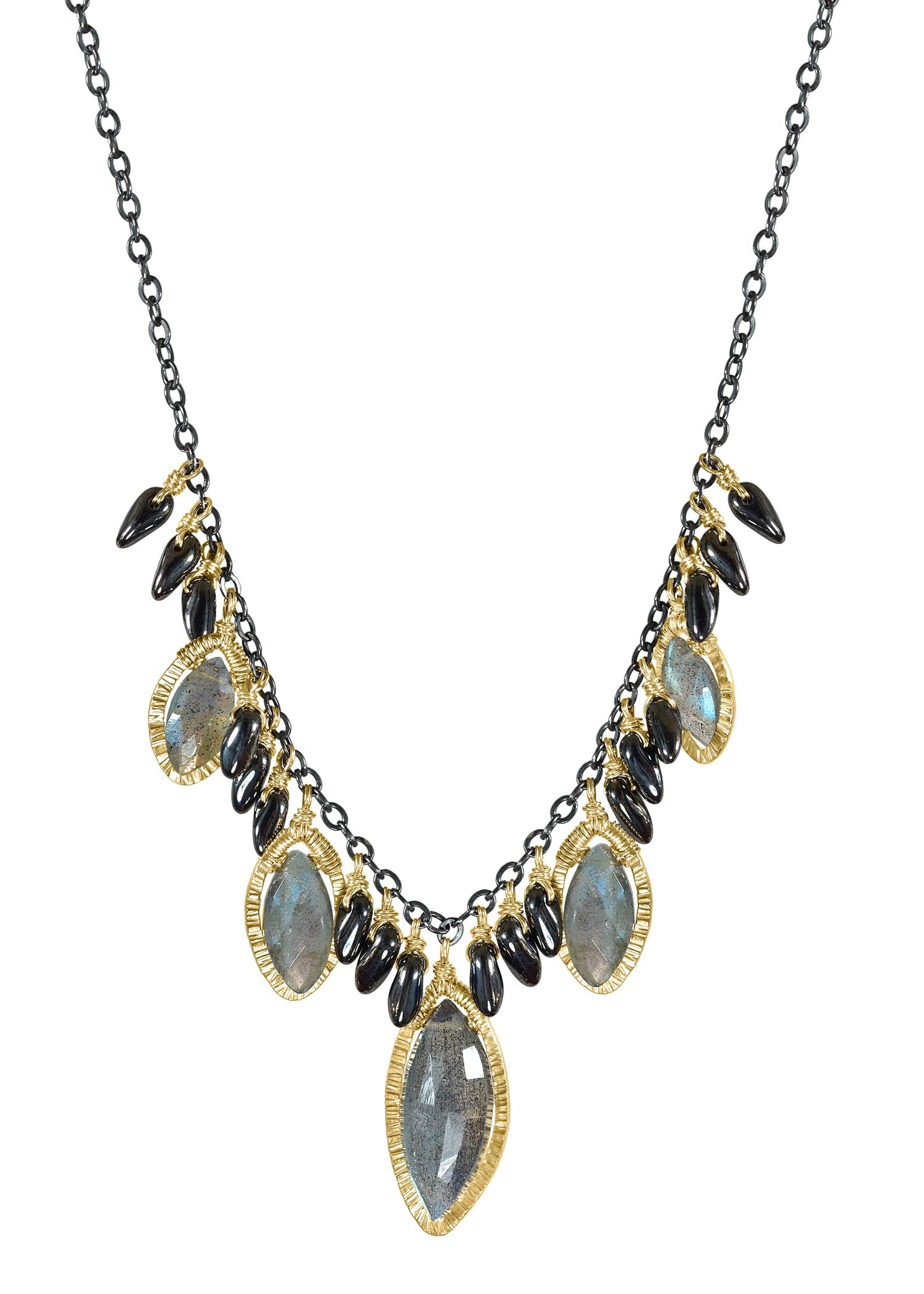 Labradorite Hematite glass beads 14k gold fill Blackened sterling silver Necklace measures 18-1/4" in length Pendant measures 13/16" in length and 3/8" in width Handmade in our Los Angeles studio