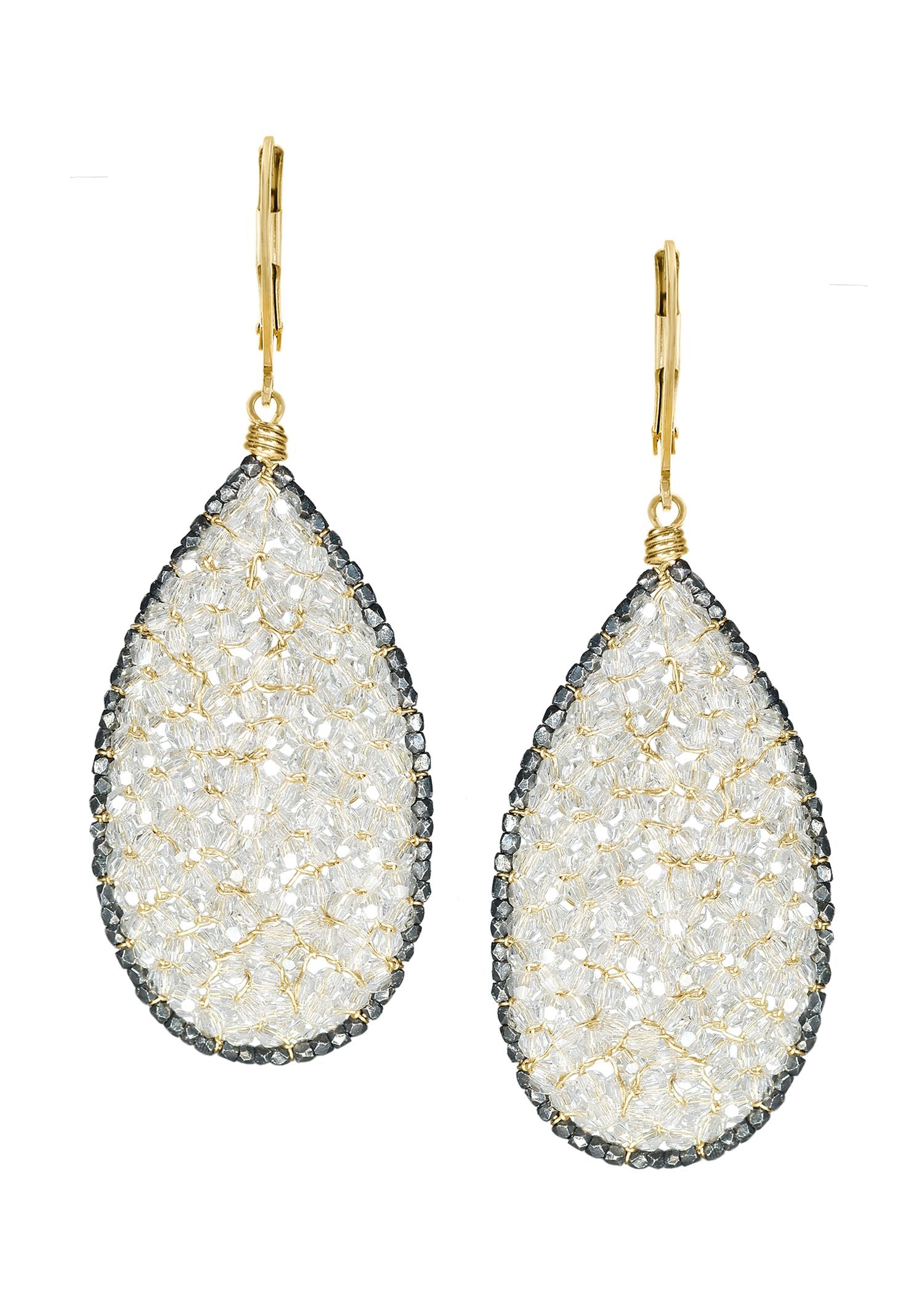 Crystal 14k gold fill Blackened sterling silver Mixed metal Earrings measure 2-3/16" in length (including the levers) and 3/4" in width Handmade in our Los Angeles studio