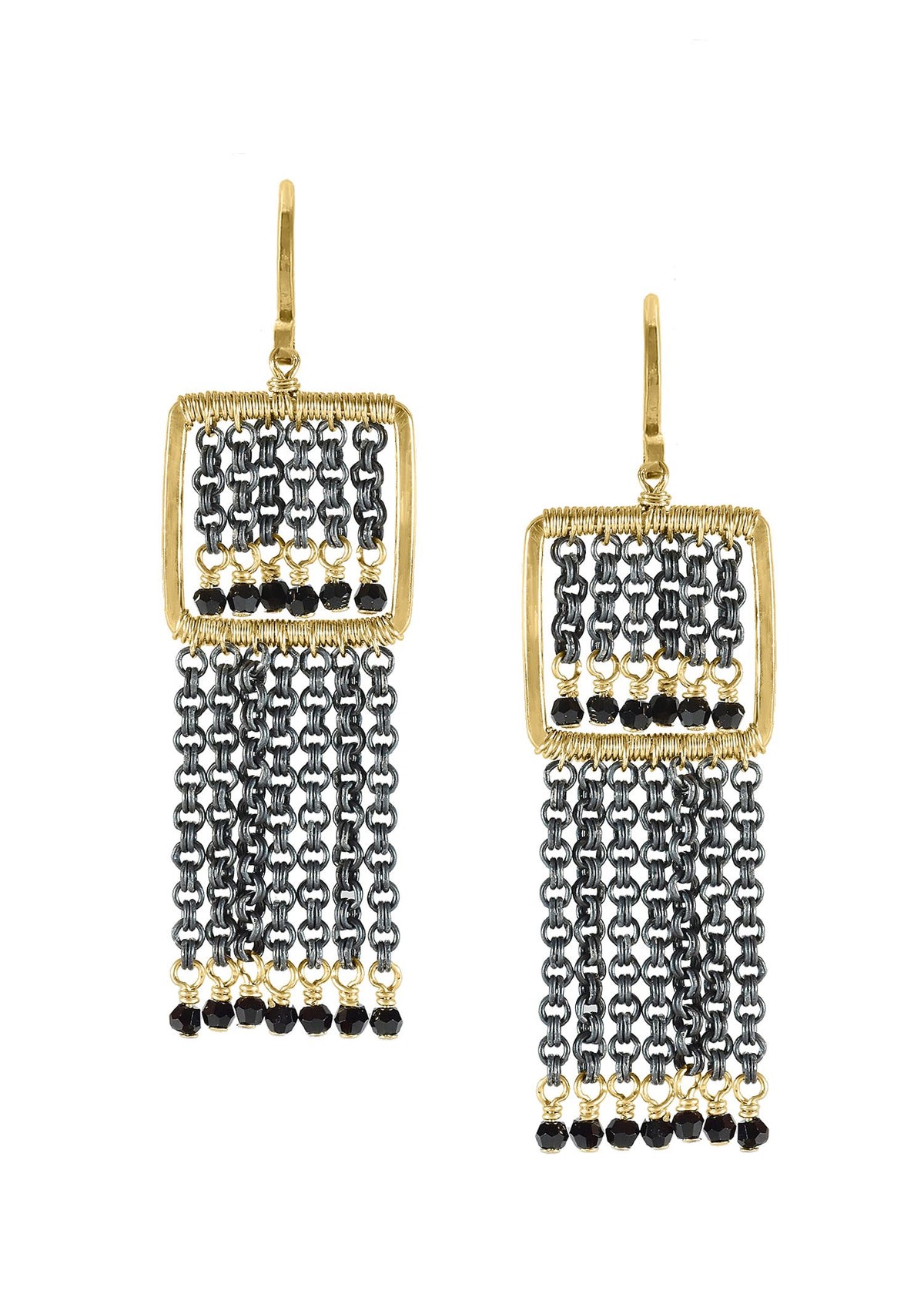 Crystal 14k gold fill Blackened sterling silver Mixed metal Earrings measure 1-3/4&quot; in length (including the ear wires) and 9/16&quot; in width Handmade in our Los Angeles studio