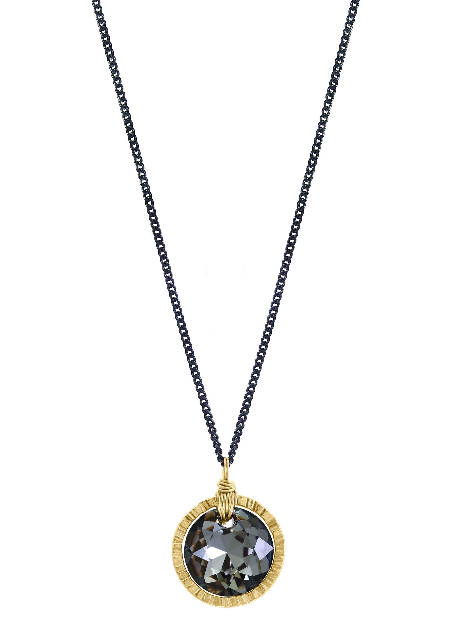 Crystal 14k gold fill Blackened sterling silver Necklace measures 18-1/4"  in length Pendant measures 1/2" in diameter Handmade in our Los Angeles studio