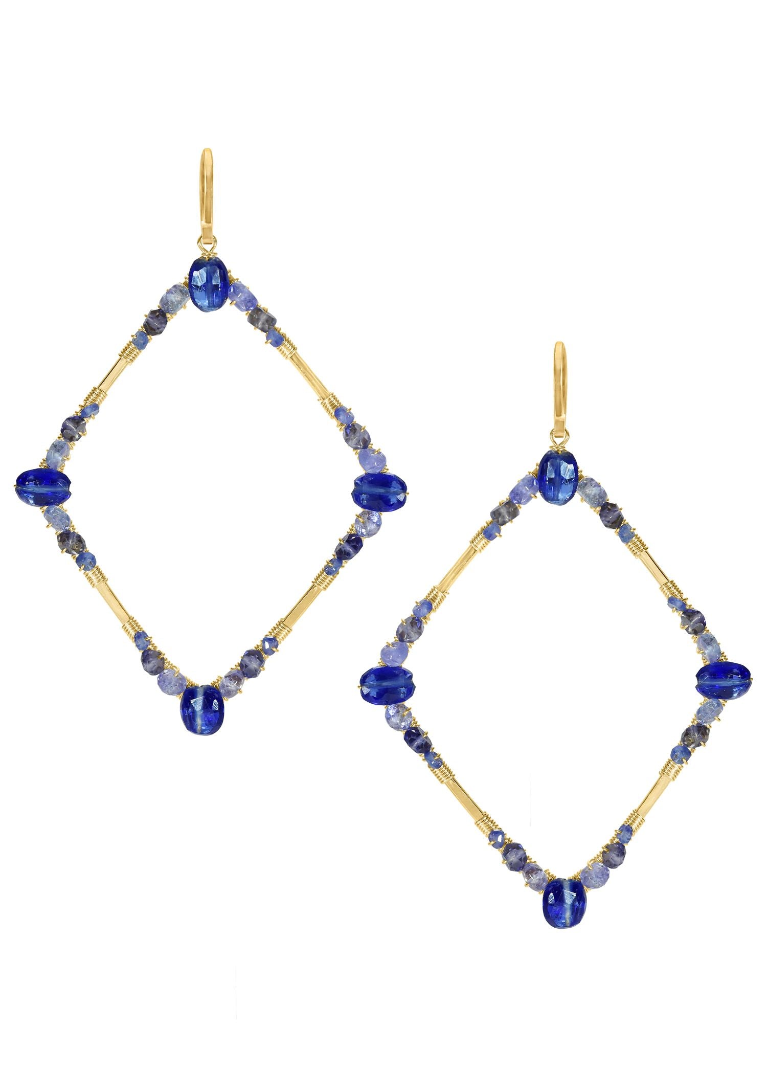 Kyanite Blue sapphire Tanzanite Lolite 14k gold fill Earrings measure 2-5/8" in length (including ear wires) and 1-9/16" in width Handmade in our Los Angeles studio