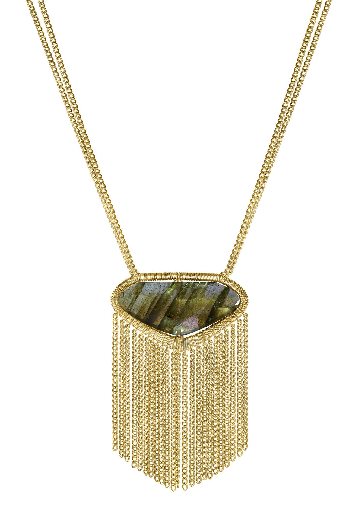 Labradorite 14k gold fill Necklace measures 18” in length Pendant measures 1-9/16” in length (including fringe) and 1” in width Handmade in our Los Angeles studio