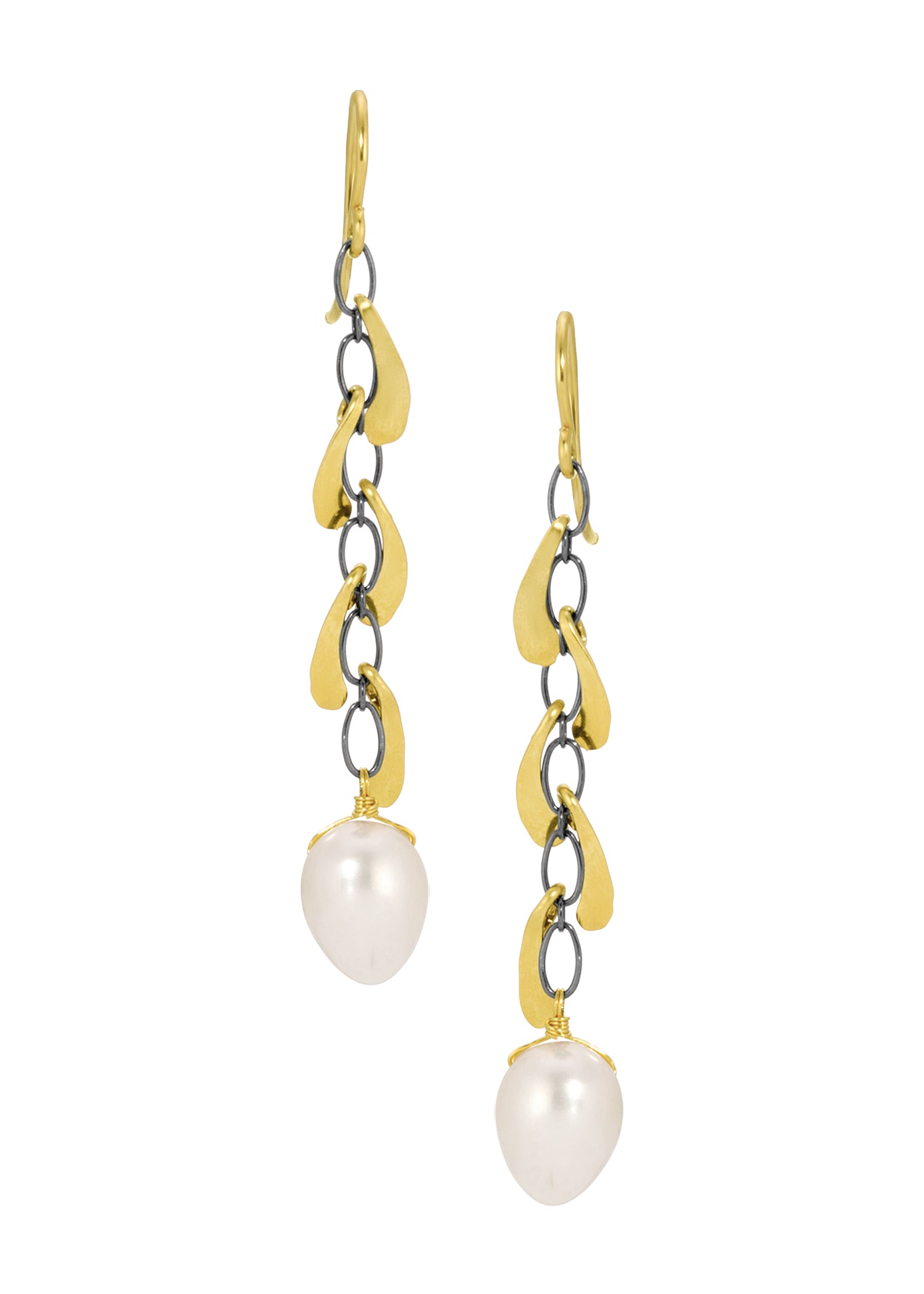 Freshwater pearl acorn earrings with 14k gold fill leaves and blackened sterling silver chain links.