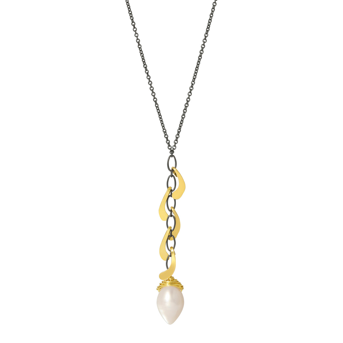 Freshwater pearl acorn necklace with hand wire-wrapped 14k gold fill leaves on a blackened sterling silver chain.