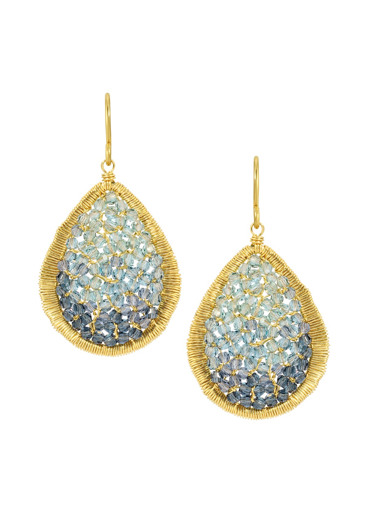Crystal earrings in ocean ombré shades, hand wire-wrapped in 14k gold fill with a teardrop mosaic design.