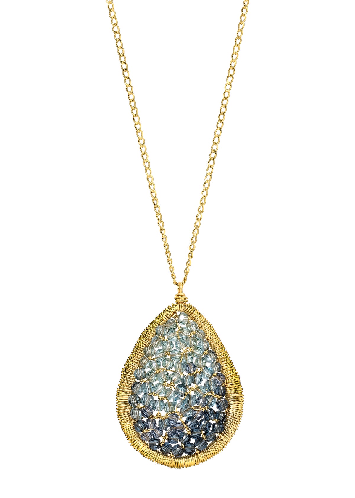 Crystal necklace in 14k gold fill with a hand wire-wrapped ombre mosaic pendant in ocean shades on a curb chain.