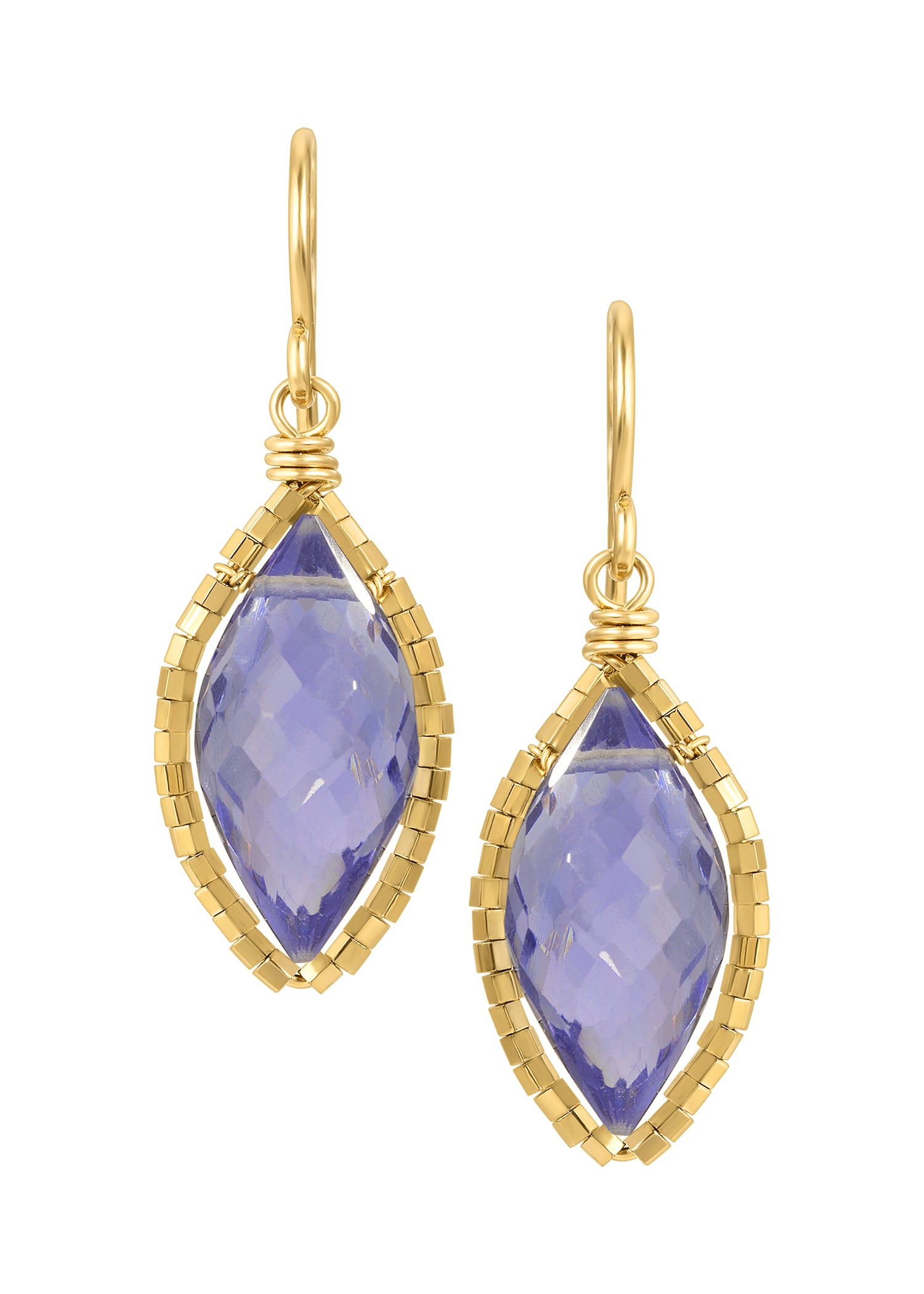 Blue quartz earrings in 14k gold fill with a hand wire-wrapped marquis drop framed by tiny gold beads.