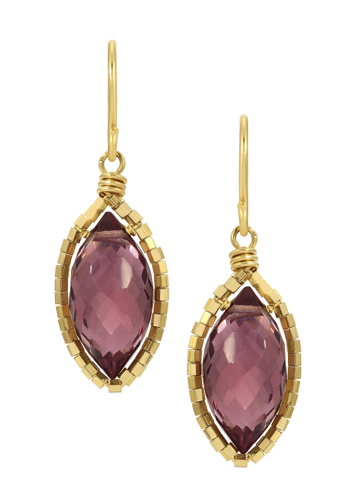 Purple quartz earrings in 14k gold fill with hand wire-wrapped marquis drops framed by tiny gold seed beads.