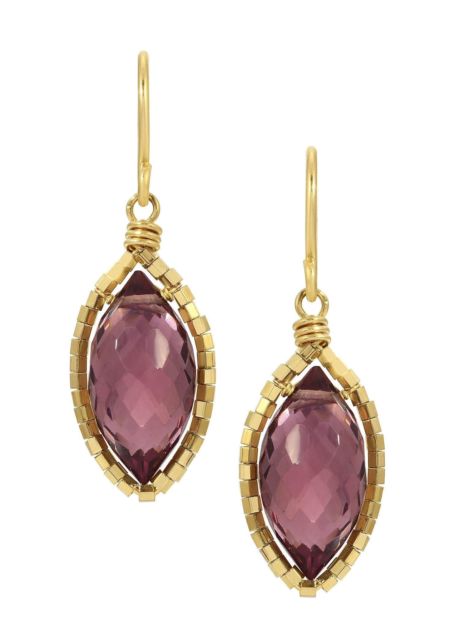 Purple quartz earrings in 14k gold fill with hand wire-wrapped marquis drops framed by tiny gold seed beads.